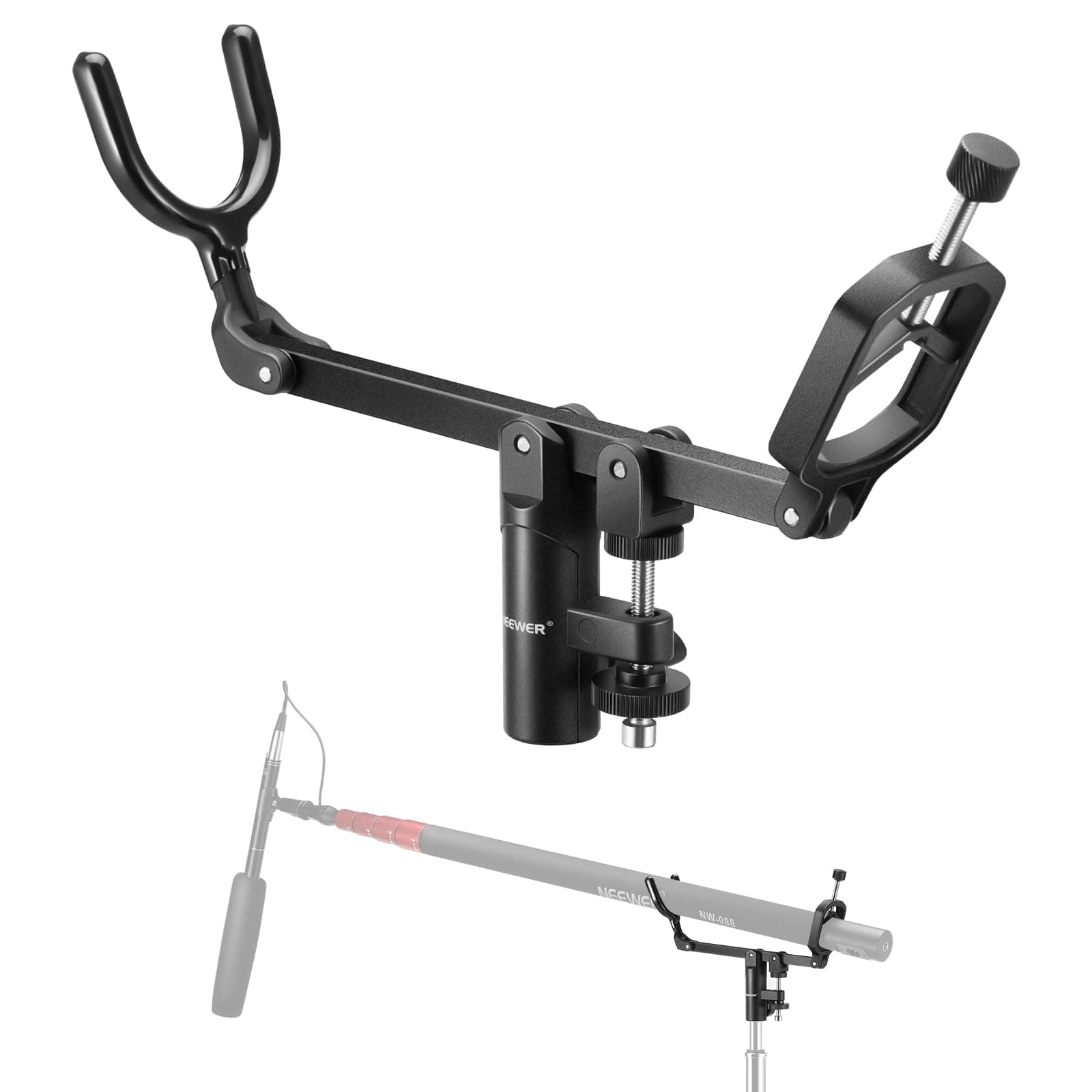 Mic Boom Pole Support Holder with 5/8" Stud for Light Stand Boom Arm C Stand, Metal Nonslip DSLR Video Microphone Shotgun Mount Adapter, -15°/+30° Tilt, Max Load: 17/6lb/8kg, CM-NA-2
