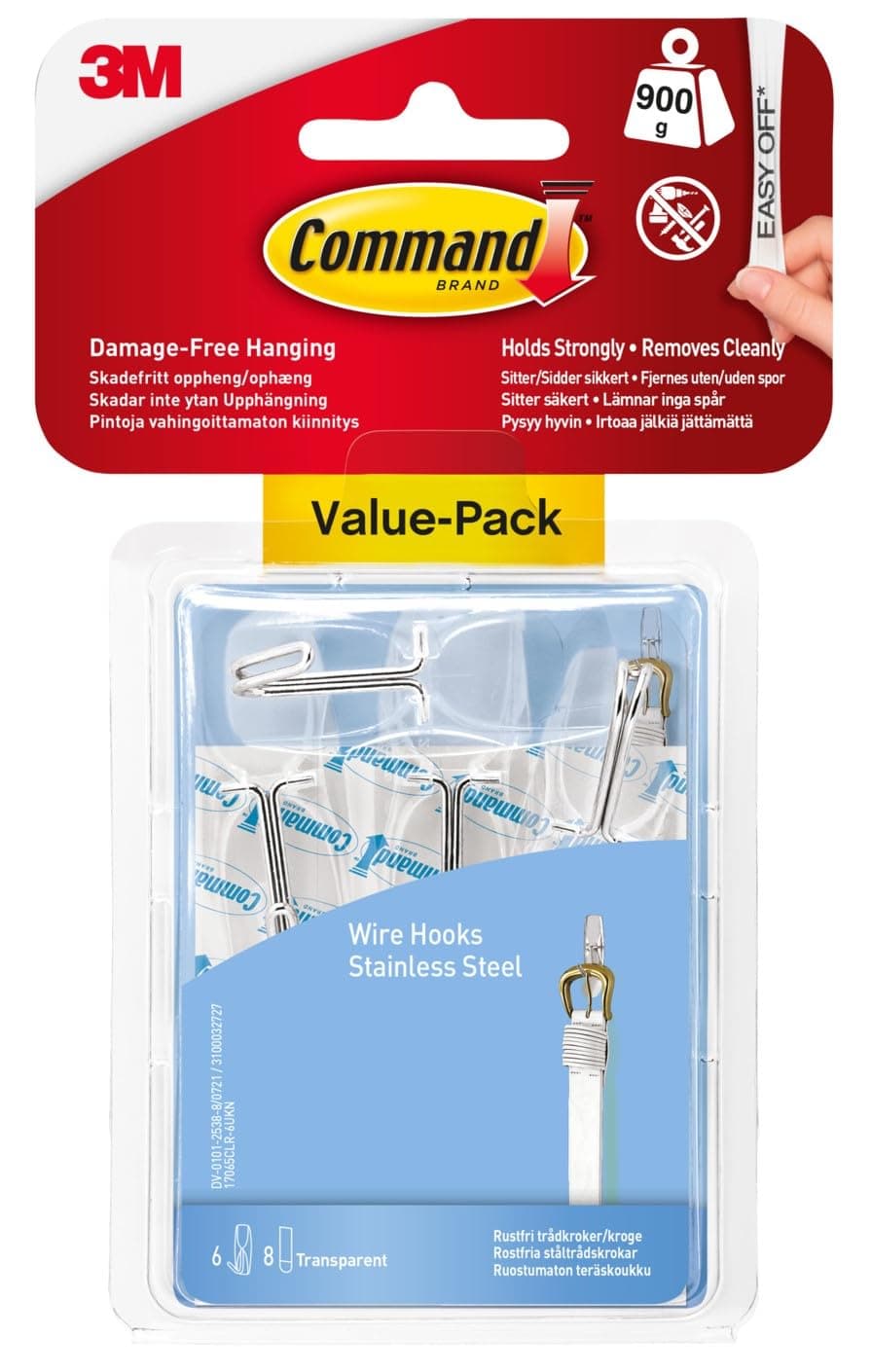 Wire Toggle Medium Hook, Pack of 6 Hooks and 8 Adhesive Strips, Transparent - Damage Free Hanging - Holds up to 900g