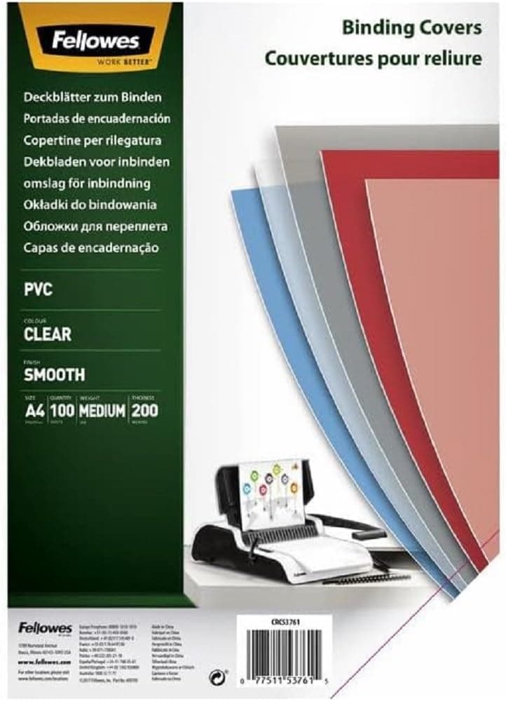 Fellowes A4 Binding Cover - 200 Microns PVC Binding Covers - Pack of 100 Binding Covers - Transparent