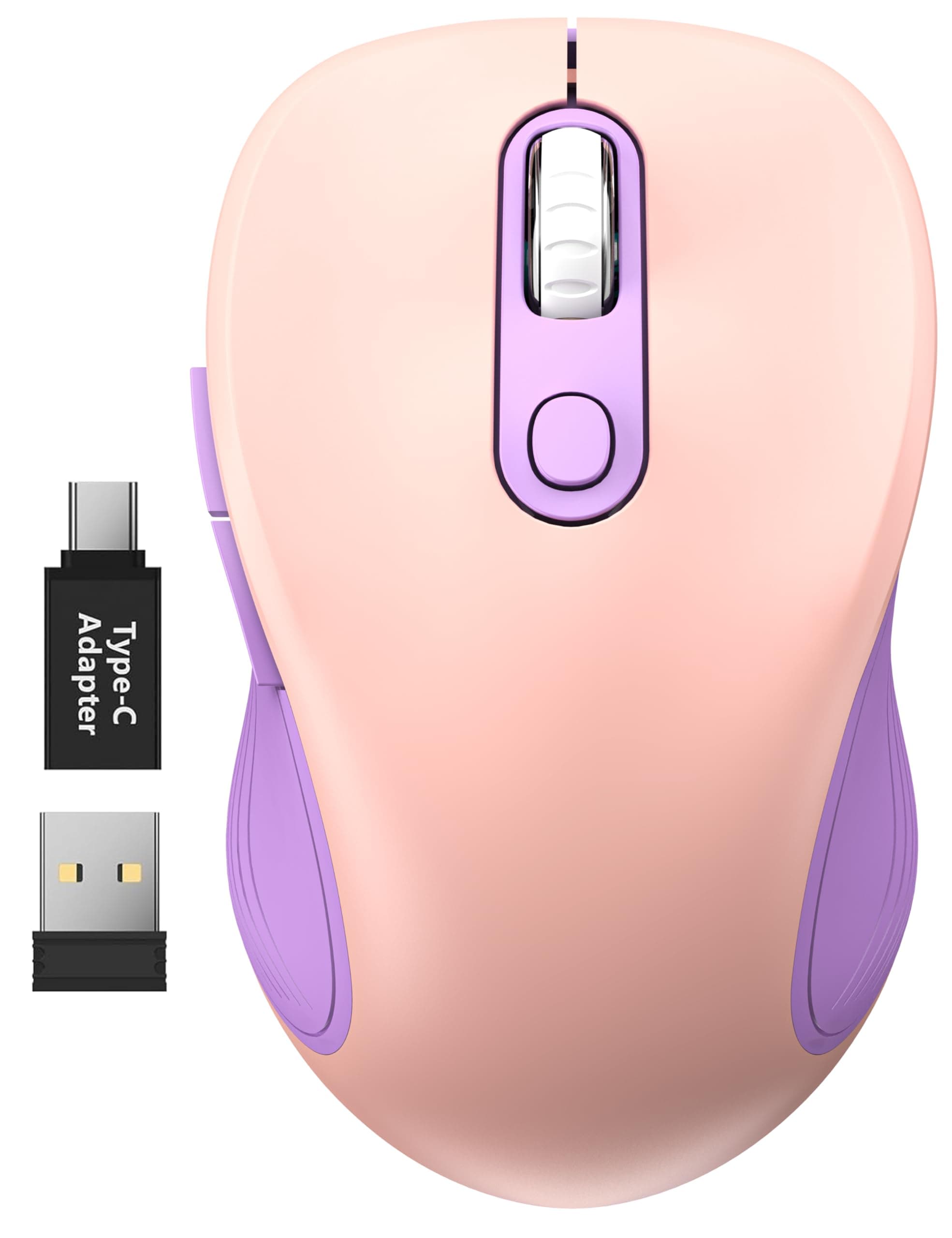 WisFox 2.4G Wireless Mouse for Laptop, Ergonomic Computer Mouse with USB Receiver and Type-C Adapter, 3 Adjustable Levels DPI, 6 Button Cordless Wireless Mice (Purple and Pink, 1 Pack)