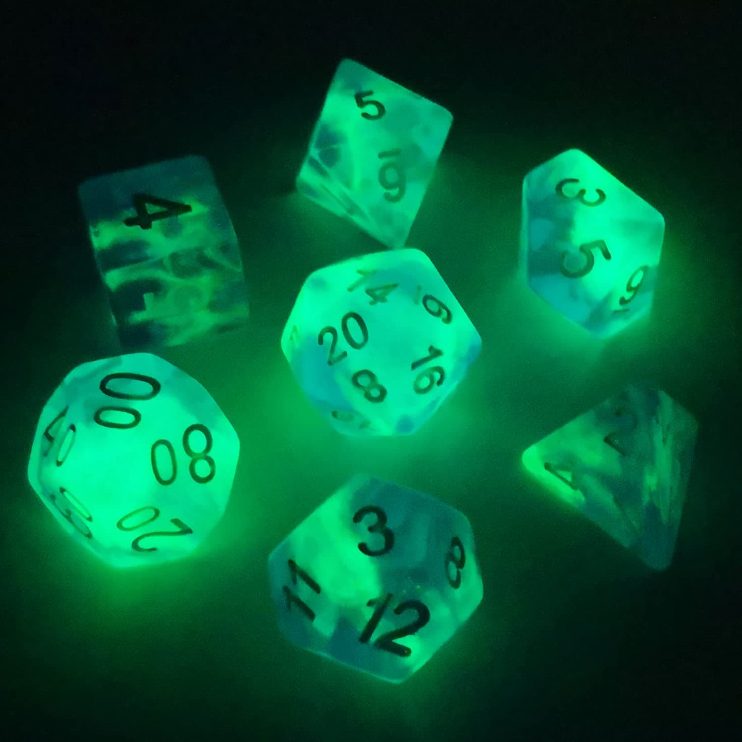 Bescon Super Glow in the Dark Nebula Glitter Polyhedral Dice Set NORTHERN LIGHT, Luminous RPG Dice Set,Glowing Novelty DND Game Dice Set, Novelty DND Game Dice d4 d6 d8 d10 d12 d20 d% in Brick Box