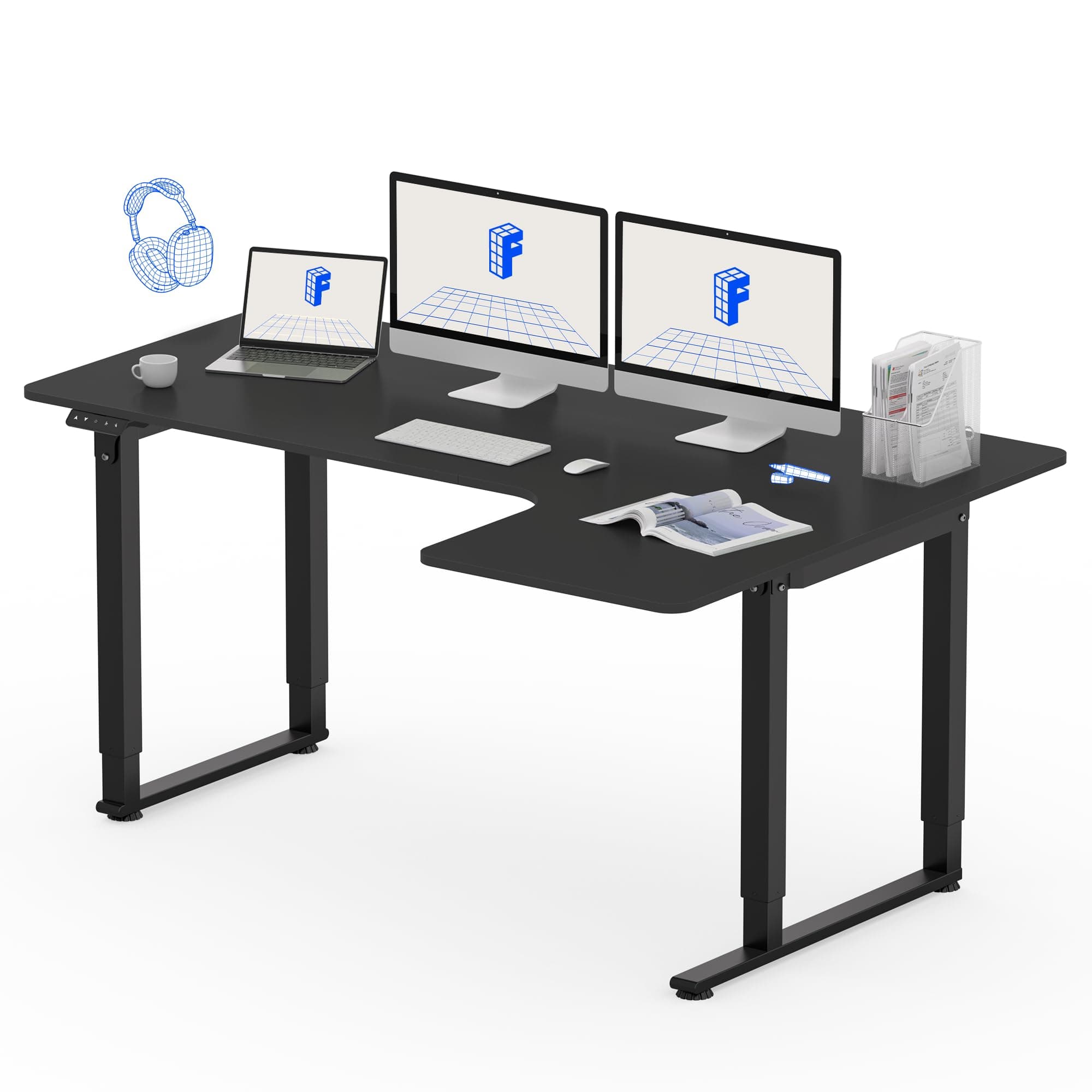 FLEXISPOT Dual Motor L Shaped Standing Desk 4 Legs Corner Desk Computer Electric Sit Stand Up Desk Height Adjustable Home Office Table with Splice Board, 63x43 Black