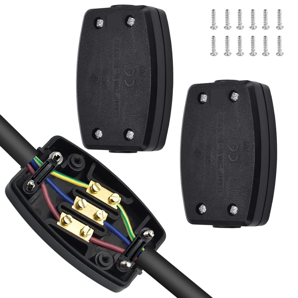 wynott 3 Terminal Electrical Junction Box 13A 250V Flex Connector Black Cable Connector Wire Junction Connector Cable Joiner Box Inline Junction Box for Indoor Outdoor Lighting Power Wiring