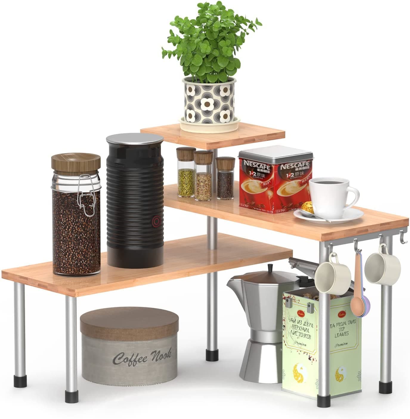 ORCHID M® Kitchen Countertop Organizer Corner Shelf, Kitchen Organization 3 Tier Shelf Adjustable Bamboo Organizer for kitchen organization and storage, Bathroom Shelves, Spice Rack, Coffee Station