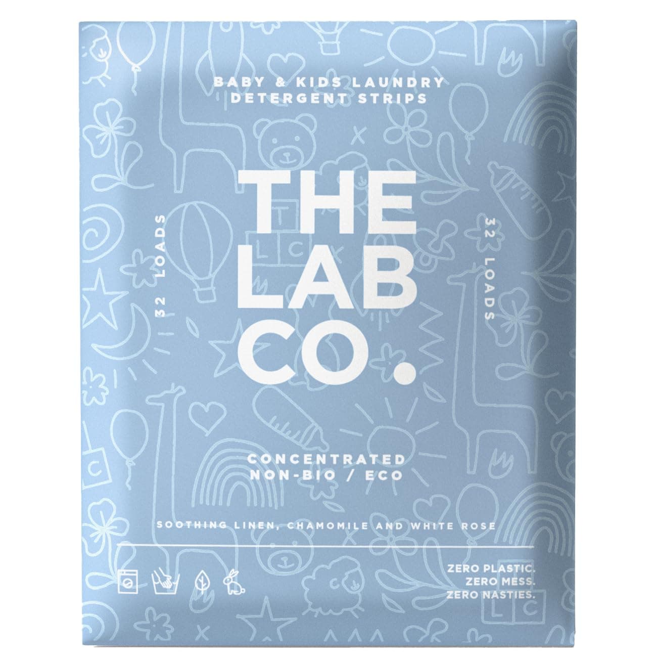 The Lab Co. Laundry Detergent Strips Washing Sheets | Eco Ultra-Concentrated | Non-Bio for Sensitive Skin | Non-Toxic Fragrance | EDC-Free | Lab-Tested | Soothing Linen Chamomile White Rose | 32 Loads