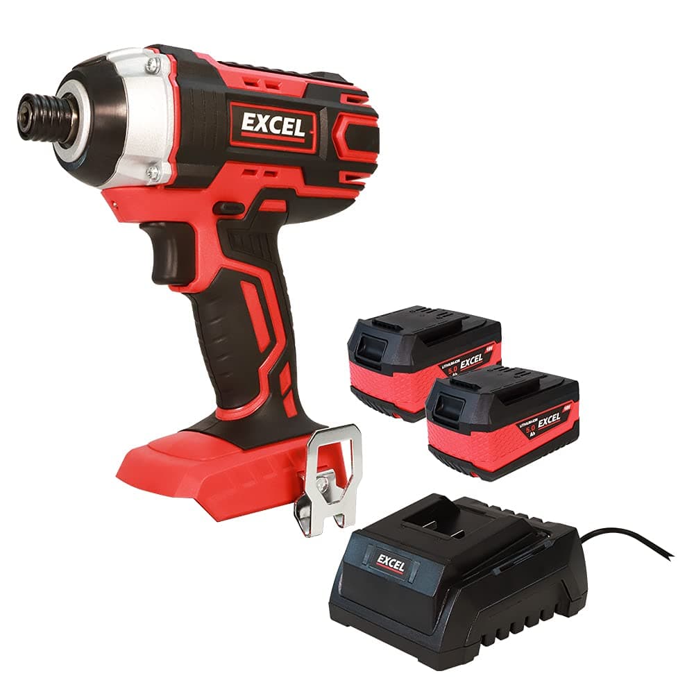 Excel 18V Cordless Impact Driver with 2 x 5.0Ah Battery & Charger EXL274 - Variable Speed 2200RPM - Torque 160Nm - LED Worklight - 1/4" Chuck - Drill Driver-Excel kit