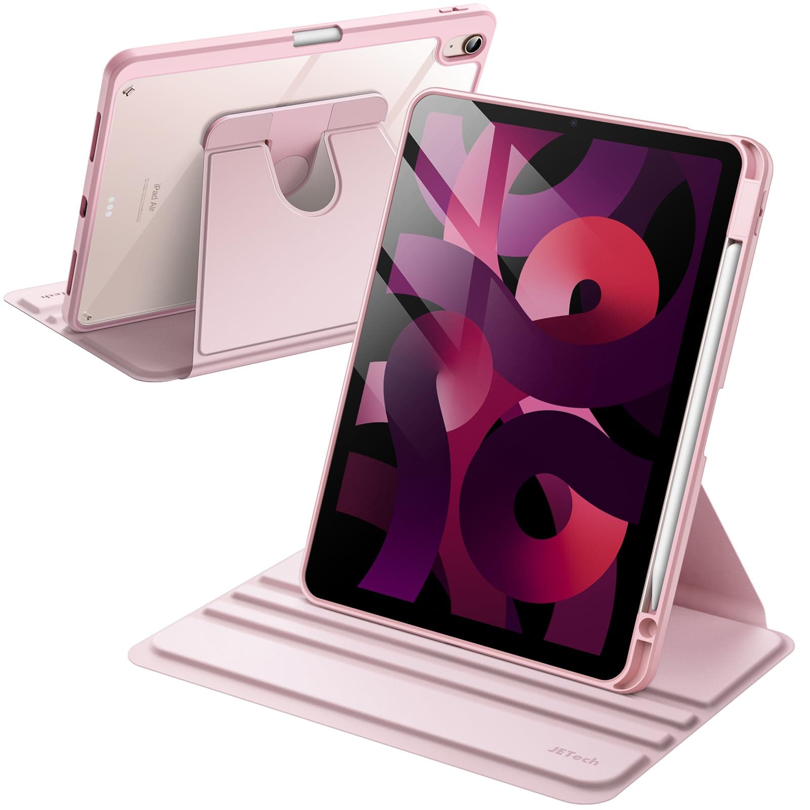 Rotating Case for iPad Air 11-Inch M3/M2 (2025/2024), iPad Air 5/4 (2022/2020 5th/4th Generation 10.9-Inch), 360 Degree Rotation Protective Stand Cover Clear Back, Auto Wake/Sleep (Pink)