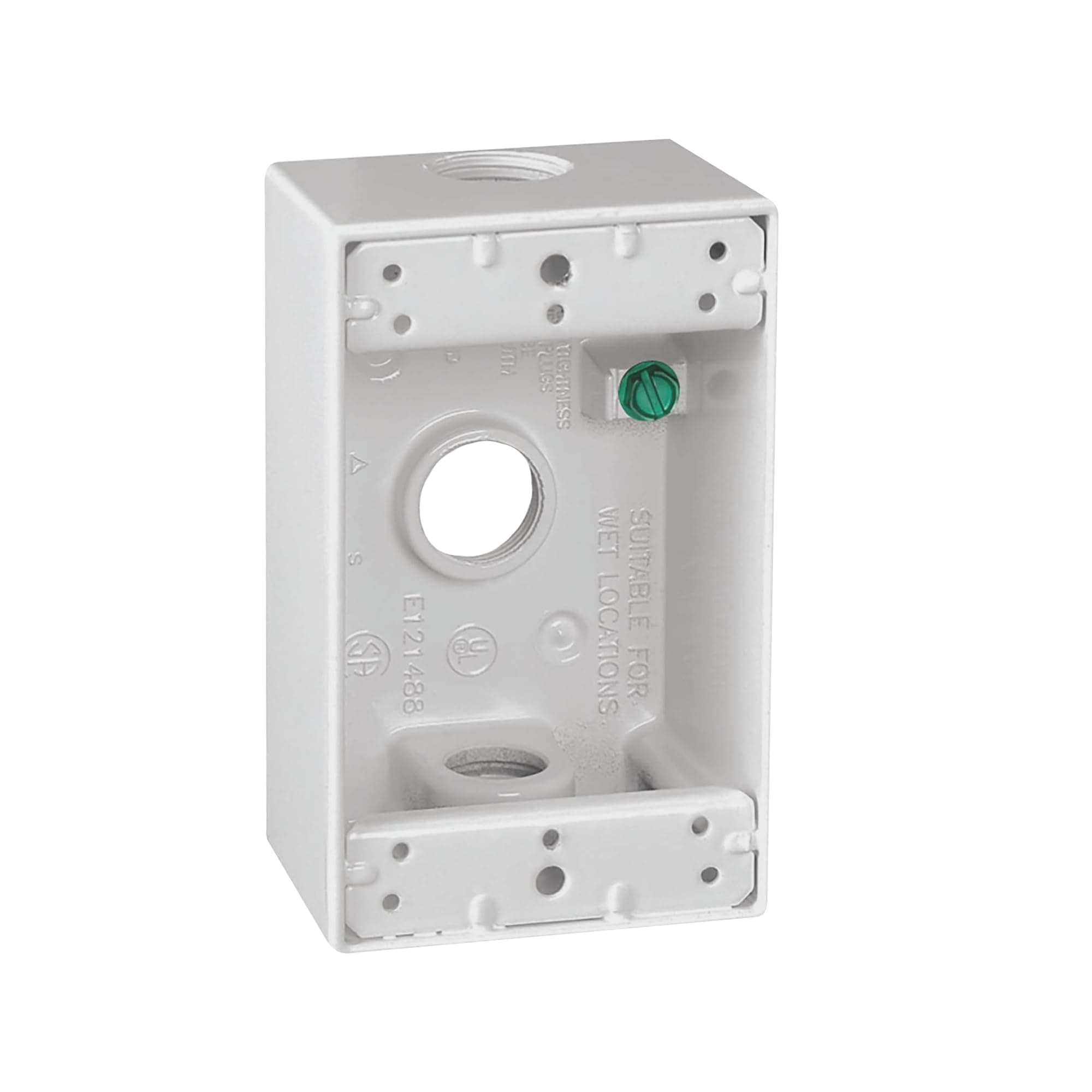 14250WH Metal Electrical Outlet Box, Weatherproof, Easy Mount Plug and Receptacle Protector, White, (3) 1/2-Inch Holes, 1 Gang Box