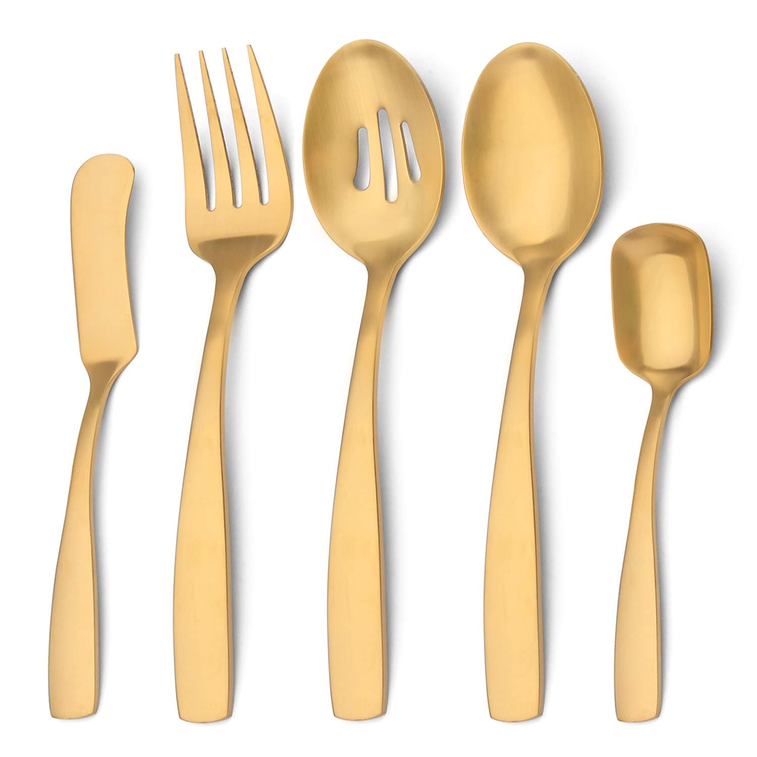 Bysta Serving Utensils Set, Matte Gold 5-Piece Hostess Set, Stainless Steel Silverware Flatware Cutlery Serving Set, Satin Finish, Dishwasher Safe