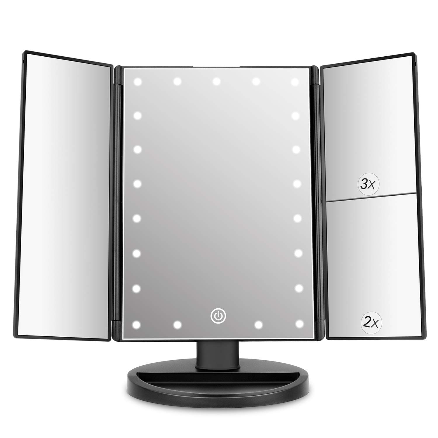 DeWEISN Tri-Flod Lighted Vanity Mirror with 21 LED Lights, Touch Screen and 3X/2X/1X Magnification, Two power Supply Mode make up mirror,travel Mirror (Black)