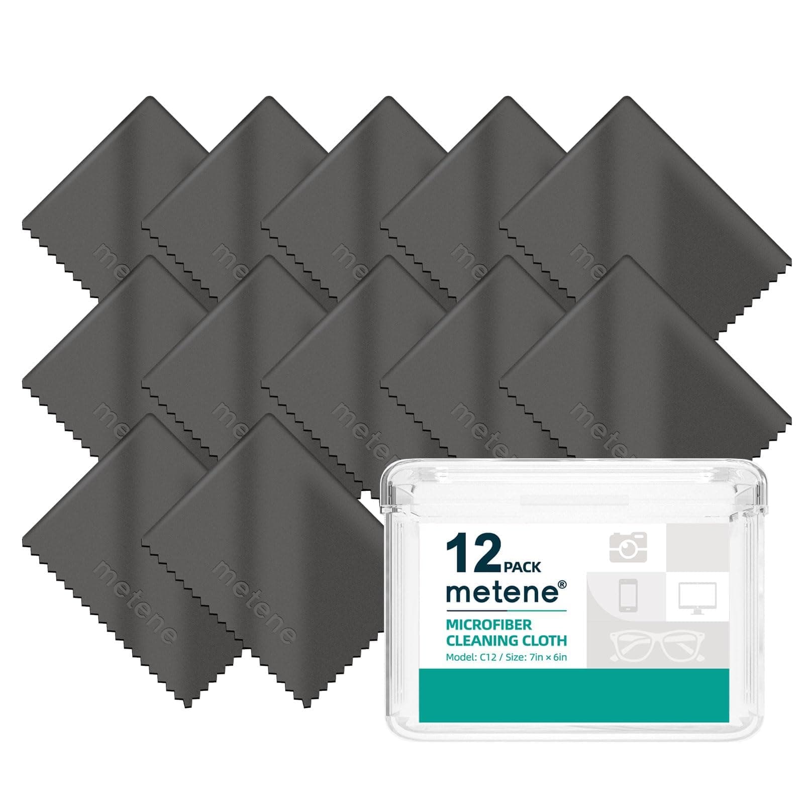 Metene 12 Pack Microfiber Cleaning Cloth (6 "x7"), Individually Wrapped and Equipped with a Storage Box | Microfiber Cloth for Glasses, Screens, Camera Lens and More(Dark Gray)