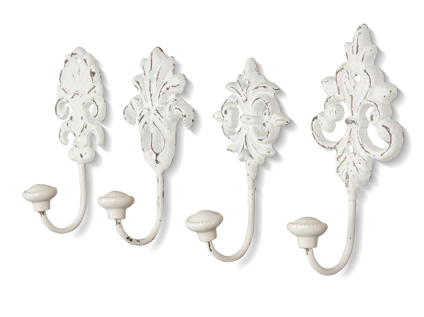 Set of 4 Wall Hooks White Grey Clothes Hooks Wall Coat Hooks Iron Shabby Chic Country House Vintage Nostalgia Antique Ornaments Baroque