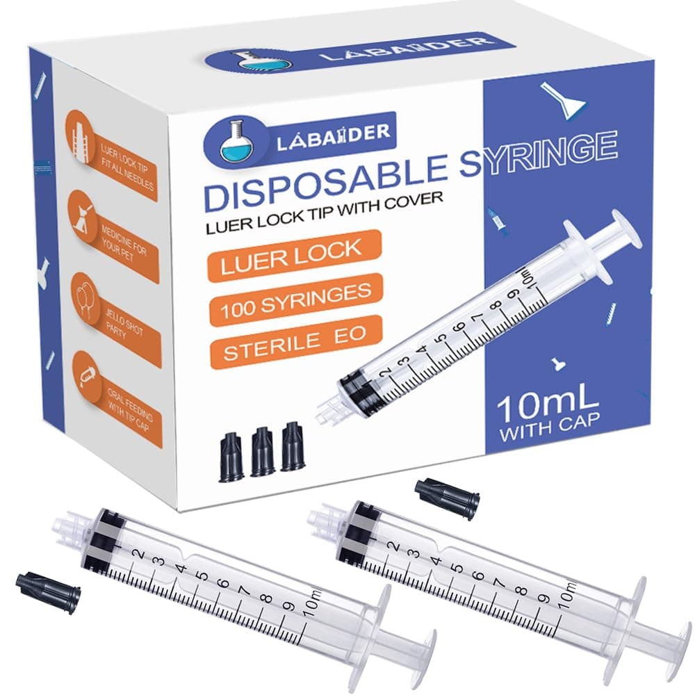 LabAider 10mL/cc Plastic Luer Lock Syringes Without Needle, Individually Sterile Wrapped, with Tip Cap, for Liquid,Scientific Labs, Measuring, Dispensing, clear