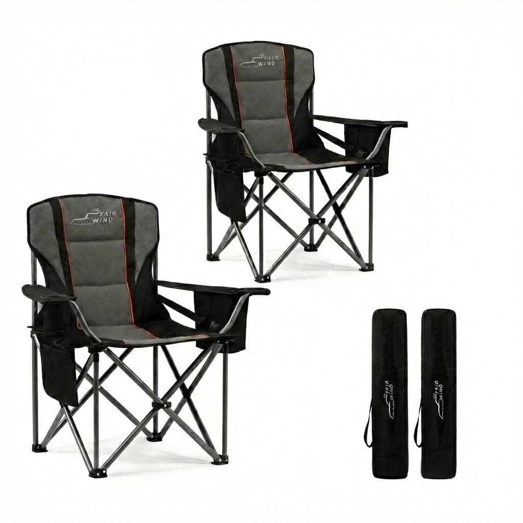 FAIR WIND 2 Pack Oversized Camping Chair 500LBS Capacity Heavy Duty Padded Folding Chair for Heavy People Portable Lawn Chair with Adjustable Lumbar Support, Cooler Bag & Cup Holder for Outdoor, Beach