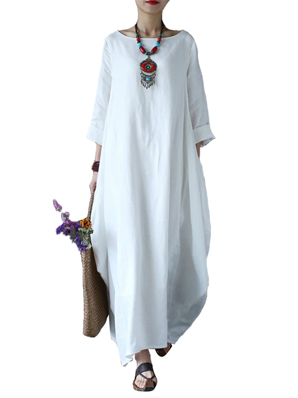 CelmiaAutumn Solid Loose Long Maxi Dress Cotton Caftan