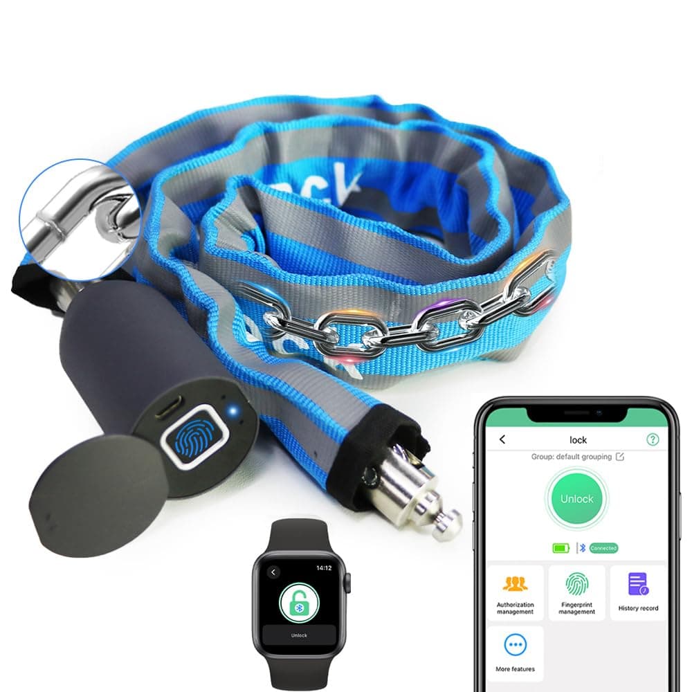 Chain Lock eLinkSmart Keyless Waterproof Bicycle 100CM Chain Lock for Bike Scooter Motorcycle Door Fence Gate Fingerprint Bluetooth App Heavy Duty Security Blue