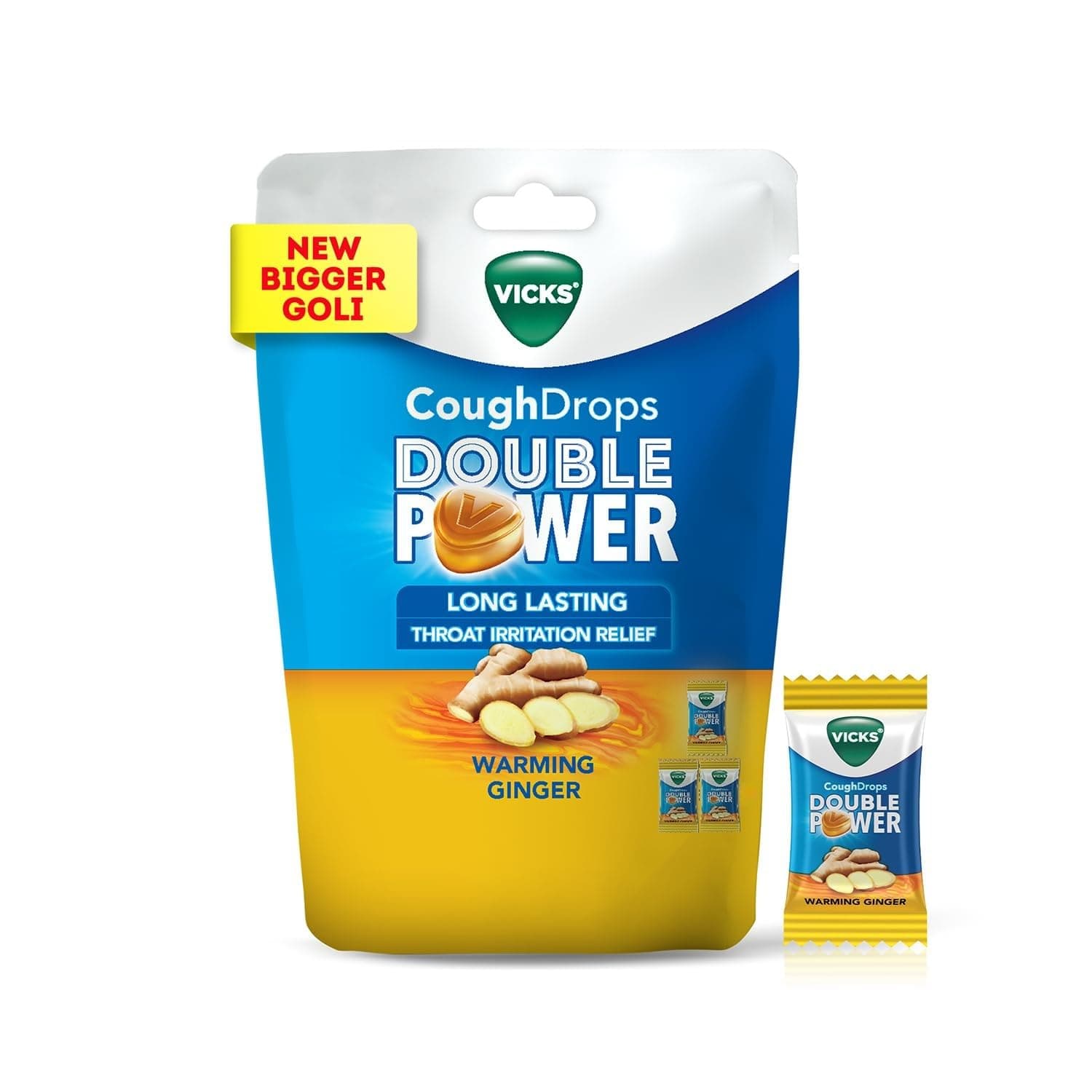 Cough Drops Double Power New & Improved, Bigger Drops with 2X Fast Relief from Throat Irritation & Cough, Warming Ginger Flavor Total 100 Drops
