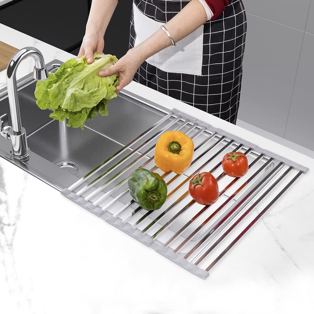 IIEPECA Large Over Sink Dish Rack Roll Up Dish Drying Rack Kitchen Sink Rack Stainless Steel Silicone Coated Foldable Multipurpose Kitchen Dish Drainer Gray for Kitchen (13.7'' x 20.5'')