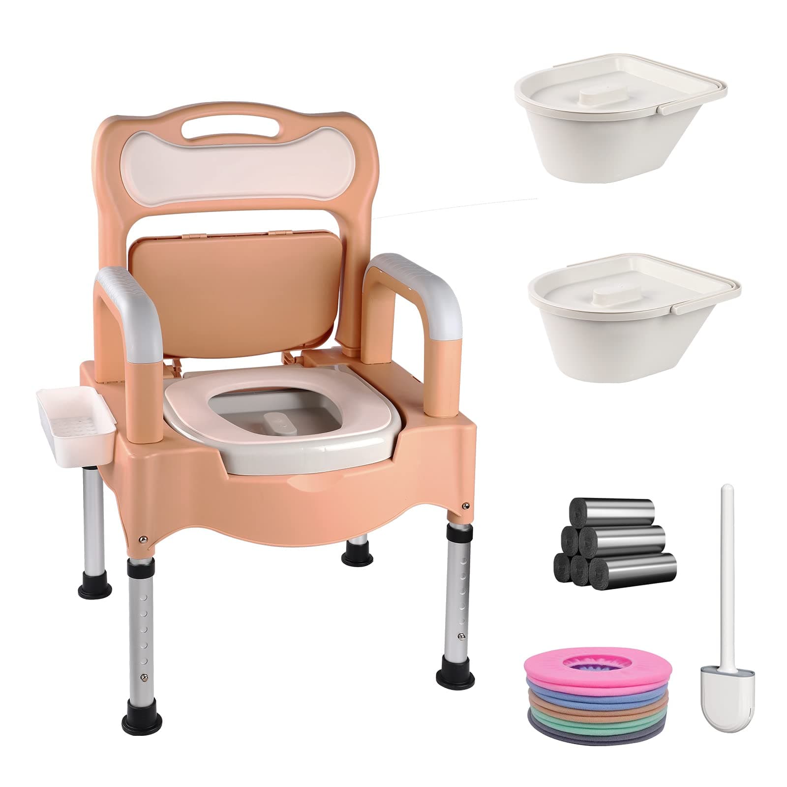Bedside Commode,Height Adjustable Handicap Shower Mobile Toilets,Portable Home Bedside Commode Chair Adult Potty Chair for Seniors,with Armrests and Tissue Box (Khaki)