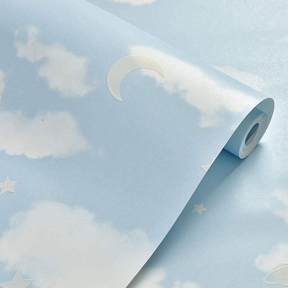 Self Adhesive Non-Woven Clouds Pattern Contact Paper Peel and Stick Wallpaper for Kids Nursery Boys Girls Bedroom Wall Furniture Decal (20.83"x117", Blue)