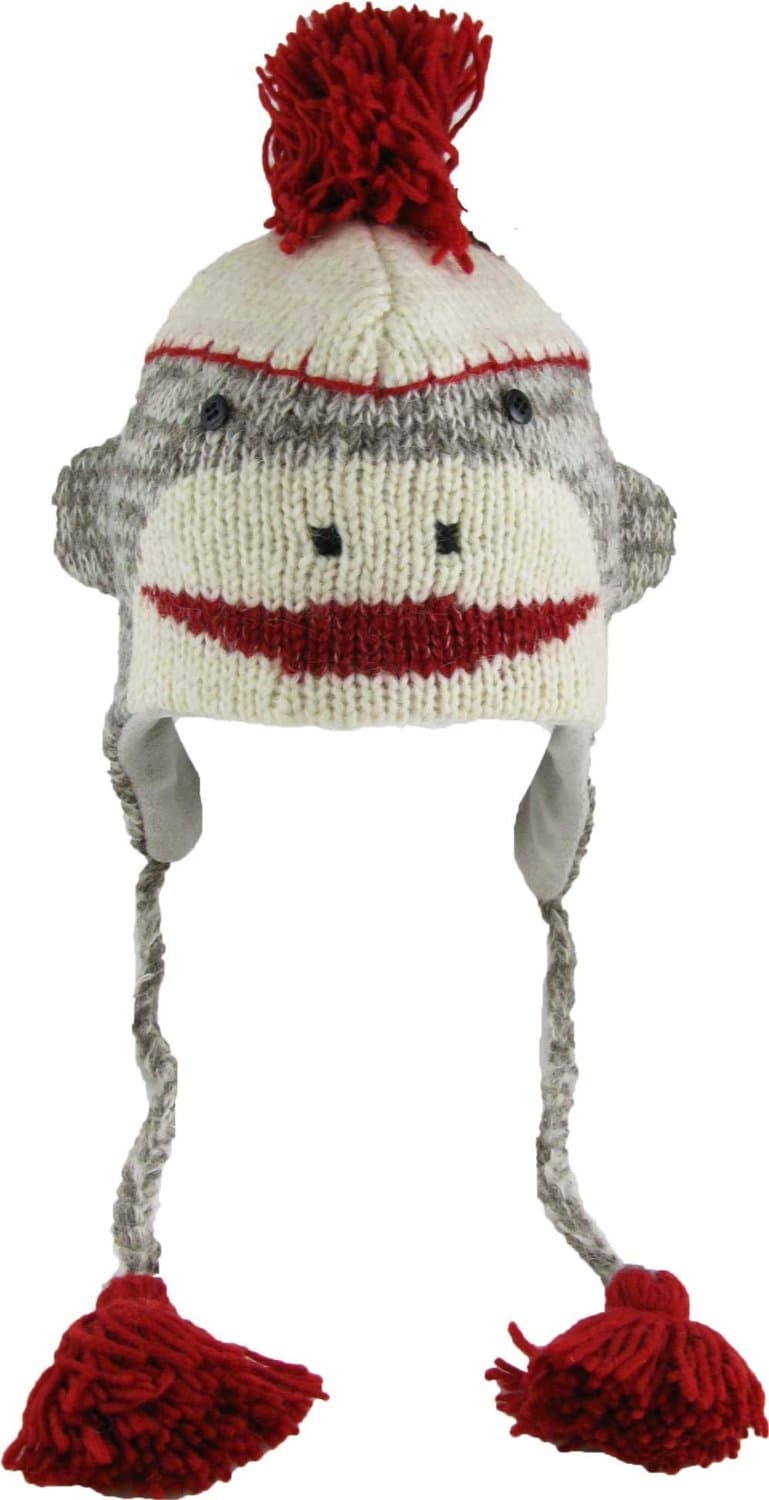 New Handmade 100% Wool RED SOCK MONKEY Pilot/Aviator Animal Cap/Hat with Ear Flaps & Poms