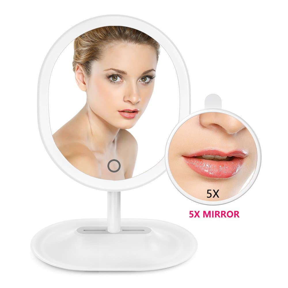 Lighted Makeup Mirror with 5X Magnifying Spot Mirror, ASCINATE Oval Shape USB Rechargeable Touch Screen Dimming Vanity Mirror for Countertop Cosmetic Makeup (White)