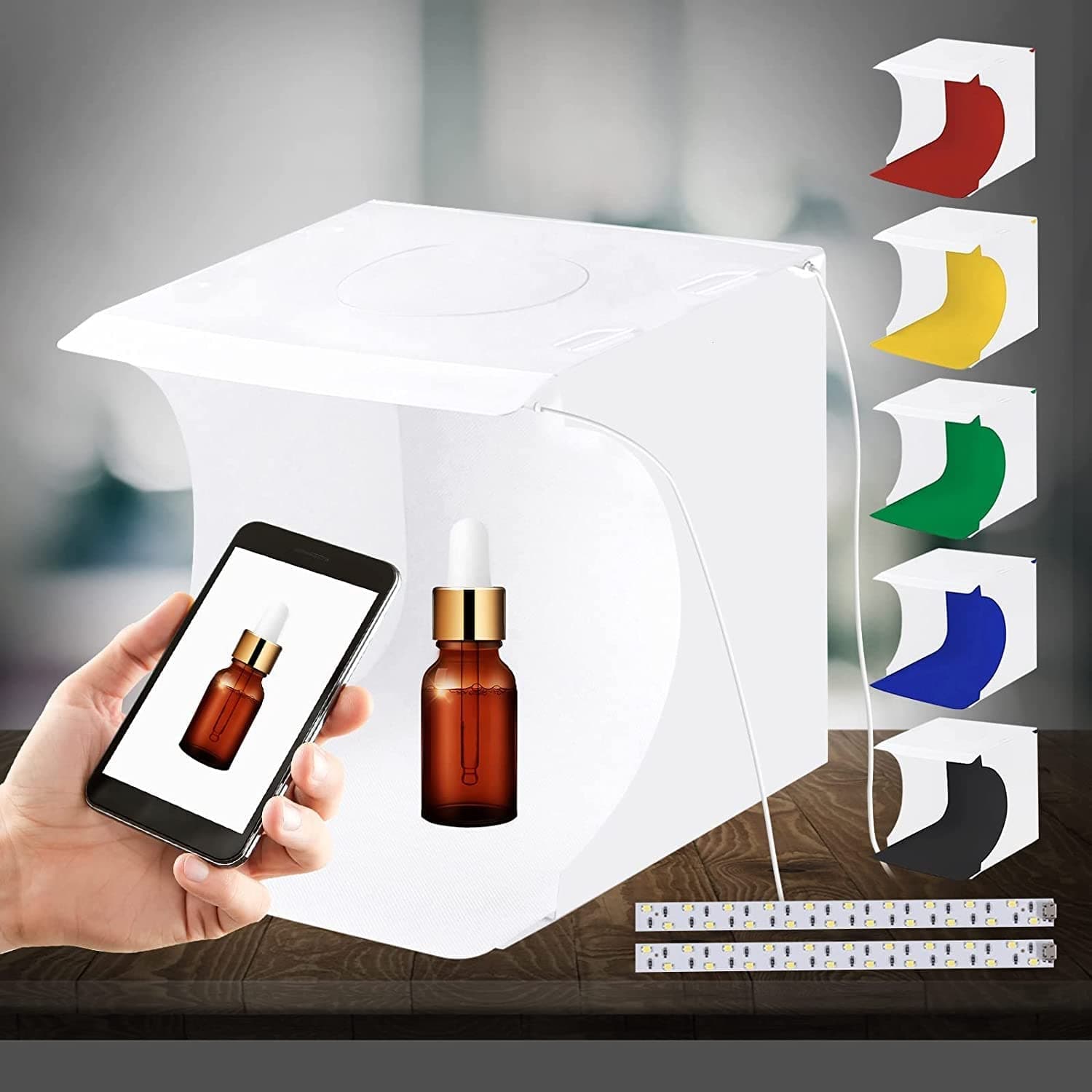 Photo Studio Box with LED Light, 20cm Mini Portable Photography Lighting Tent Kit, White Foldable Shooting Softbox with 1100LM Light+ 6 Backdrops for Product Display