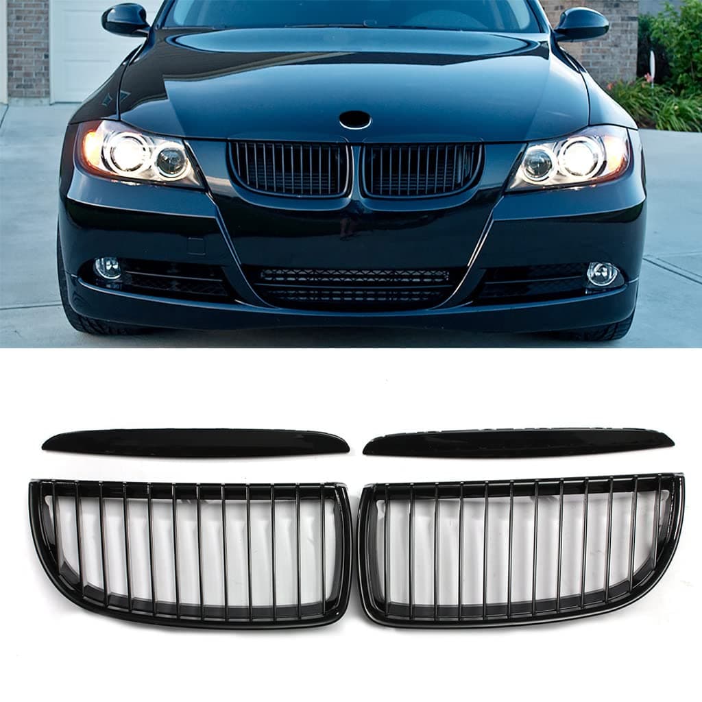 SNA E90 Grill Compatible with 2004-2008 BMW 3 Series E90 E91 (Single Slat Gloss Black Kidney Grill, 4-pc Set)
