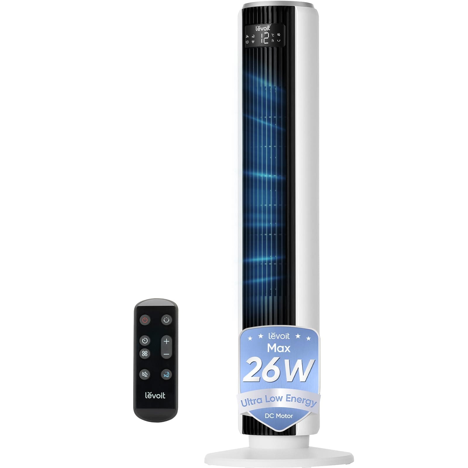 Levoit 20dB Silent Tower Fan, 5.5W-26W Energy Saving Fan for Bedroom&Home, Powerful Cooling with DC Motor, 4 Modes 12 Speeds, Advanced Sleep Mode, 90° Oscillation, Remote Control, 12H Timer, Floor Fan