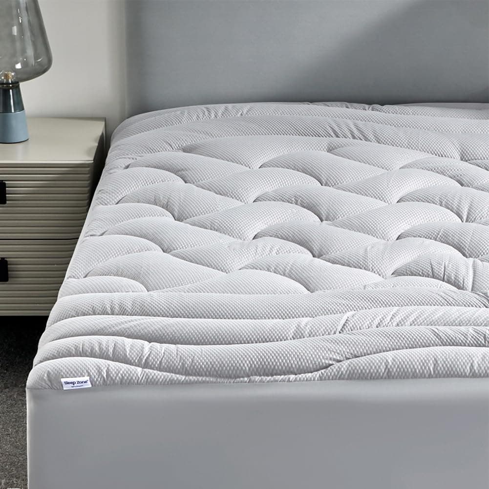 SLEEP ZONE Cooling Twin Mattress Topper for Single Bed, Premium Zoned Quilted Mattress Pad, Fitted Mattress Protector Cover, Machine Wash Durable, Deep Pocket 8-21 inch, Silver Grey, Twin