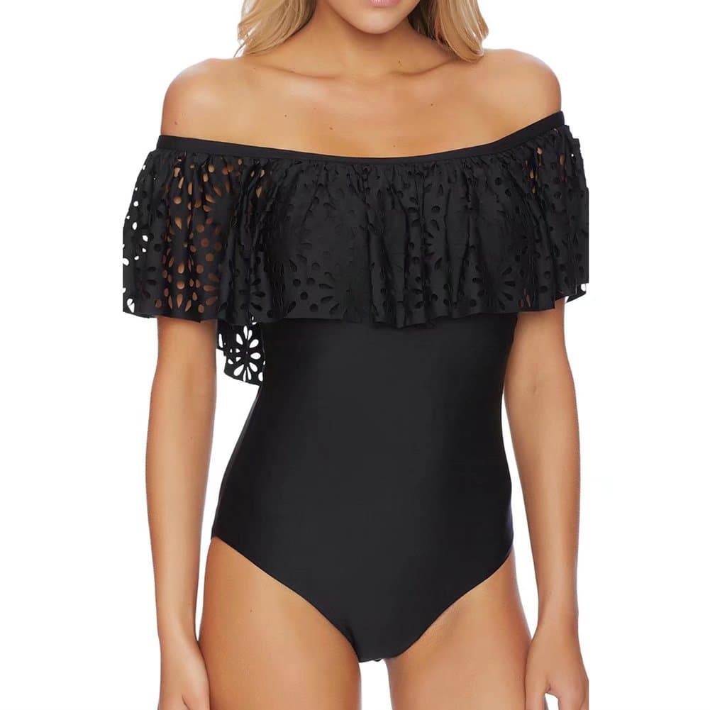 Bikini Factory Women One Piece Solid Off Shoulder Strapless Ruffled Swimsuit Beachwear