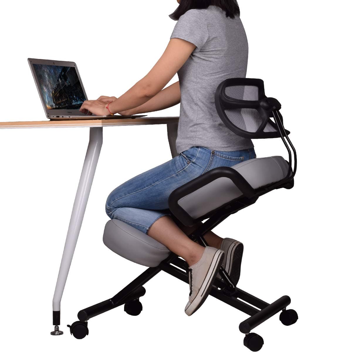 DRAGONN Ergonomic Kneeling Chair with Back Support, Adjustable Stool for Home and Office - Improve Your Posture with an Angled Seat - Thick Comfortable Cushions - Gray