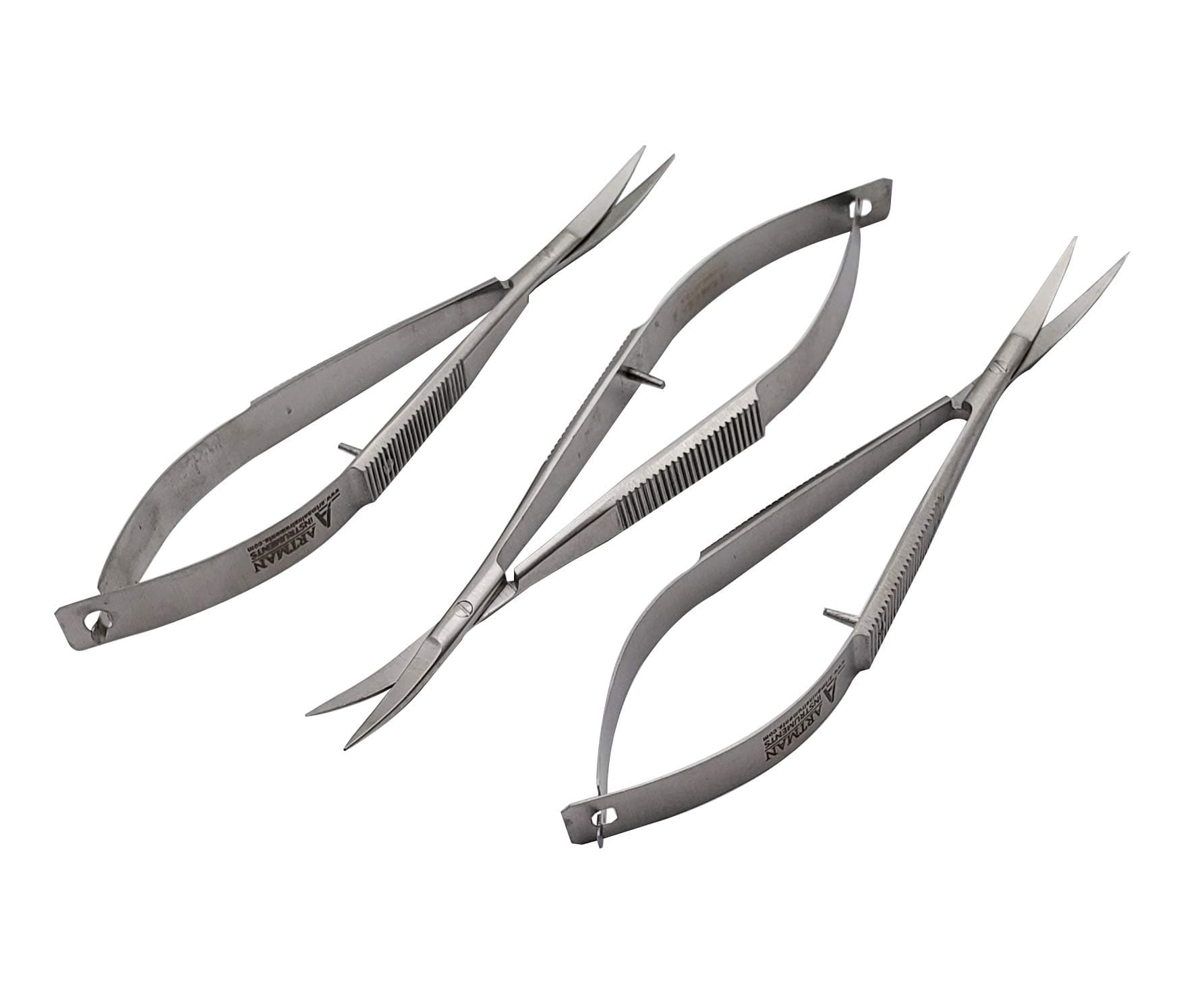 3-Pack Micro Scissors 4.5" Curved – Castroviejo Stitch Cutting, Embroidery, Spring Action, Extra Sharp Squeeze Scissors for ENT, Eye, Skin, Dental, and Veterinary Surgeons