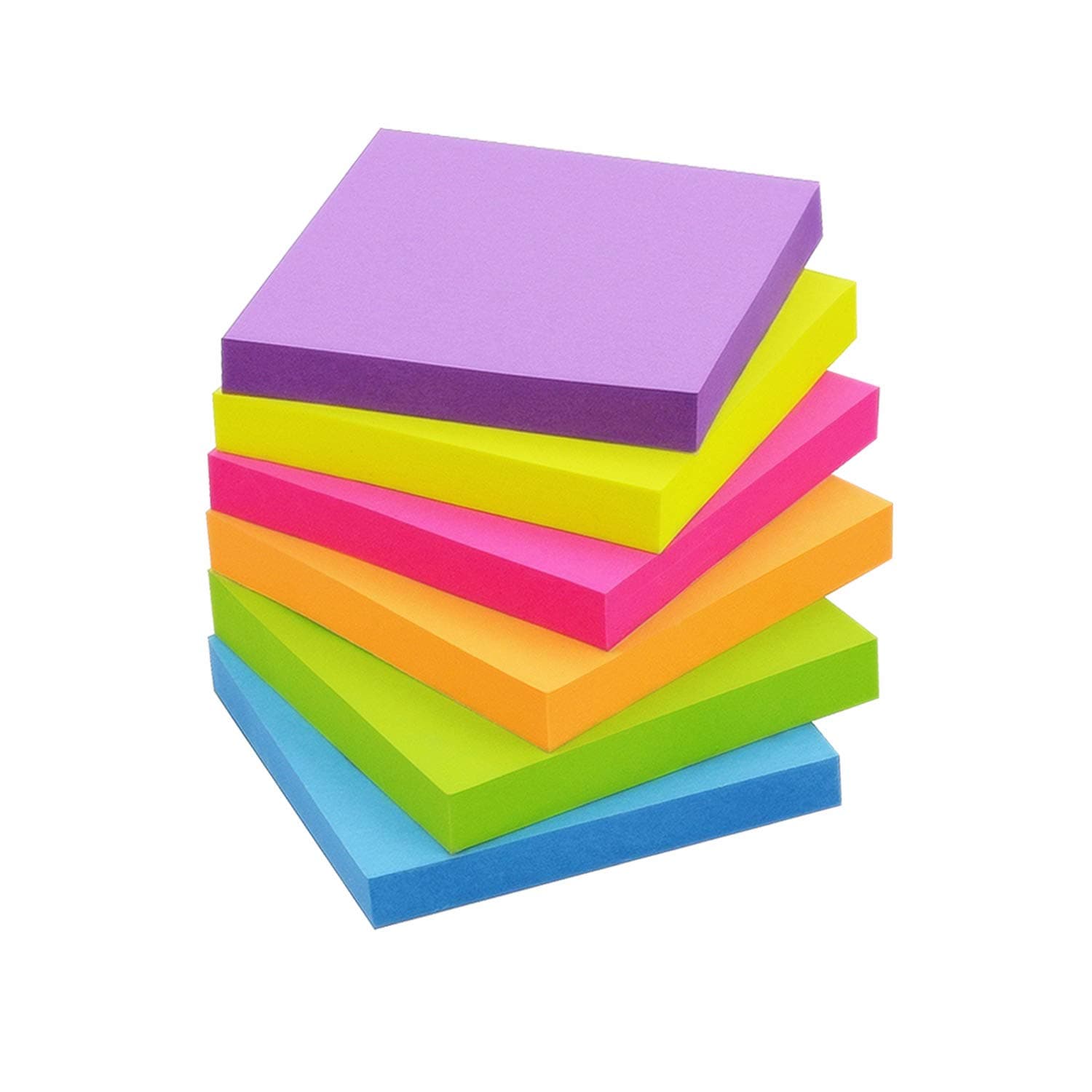 Winner Aura 3x3 Inch Bright Colors Self-Stick Sticky Notes, 6 Pack, 100 Sheets per Pad, Total 600 Sheets
