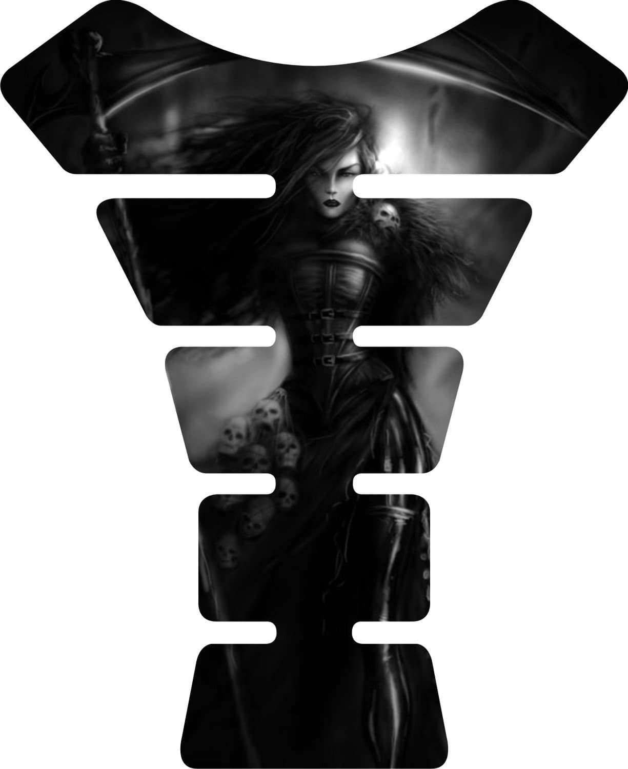Size is 8.5" x 6.9" Motorcycle She Reaper Black Sportbike Tank Pad Protector Guard Sticker Decal Universal