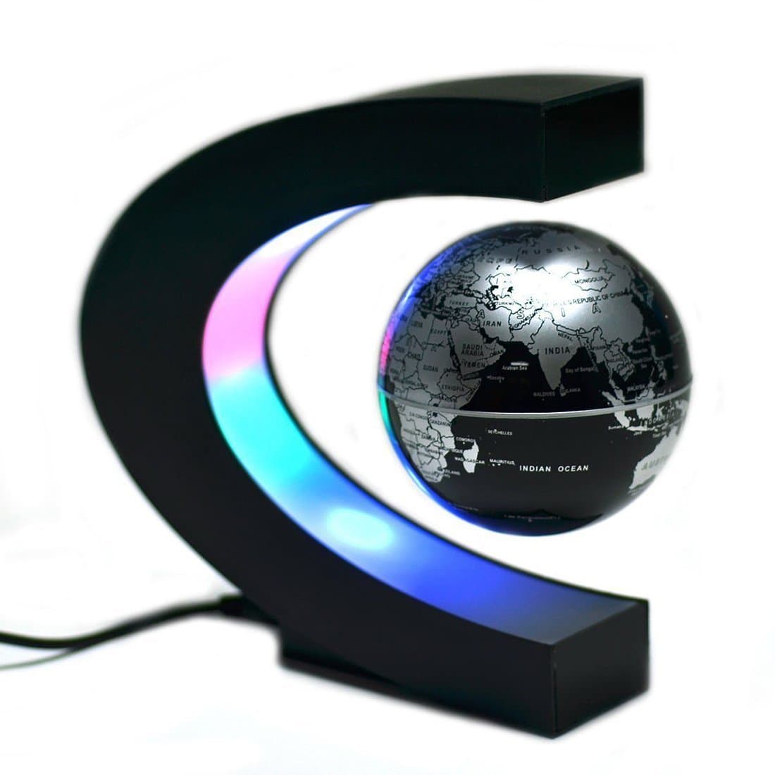 RAWNICE C shape Decoration Magnetic Levitation Floating 3'' Globe World Map With LED Lights for Home Office Desk Decoration