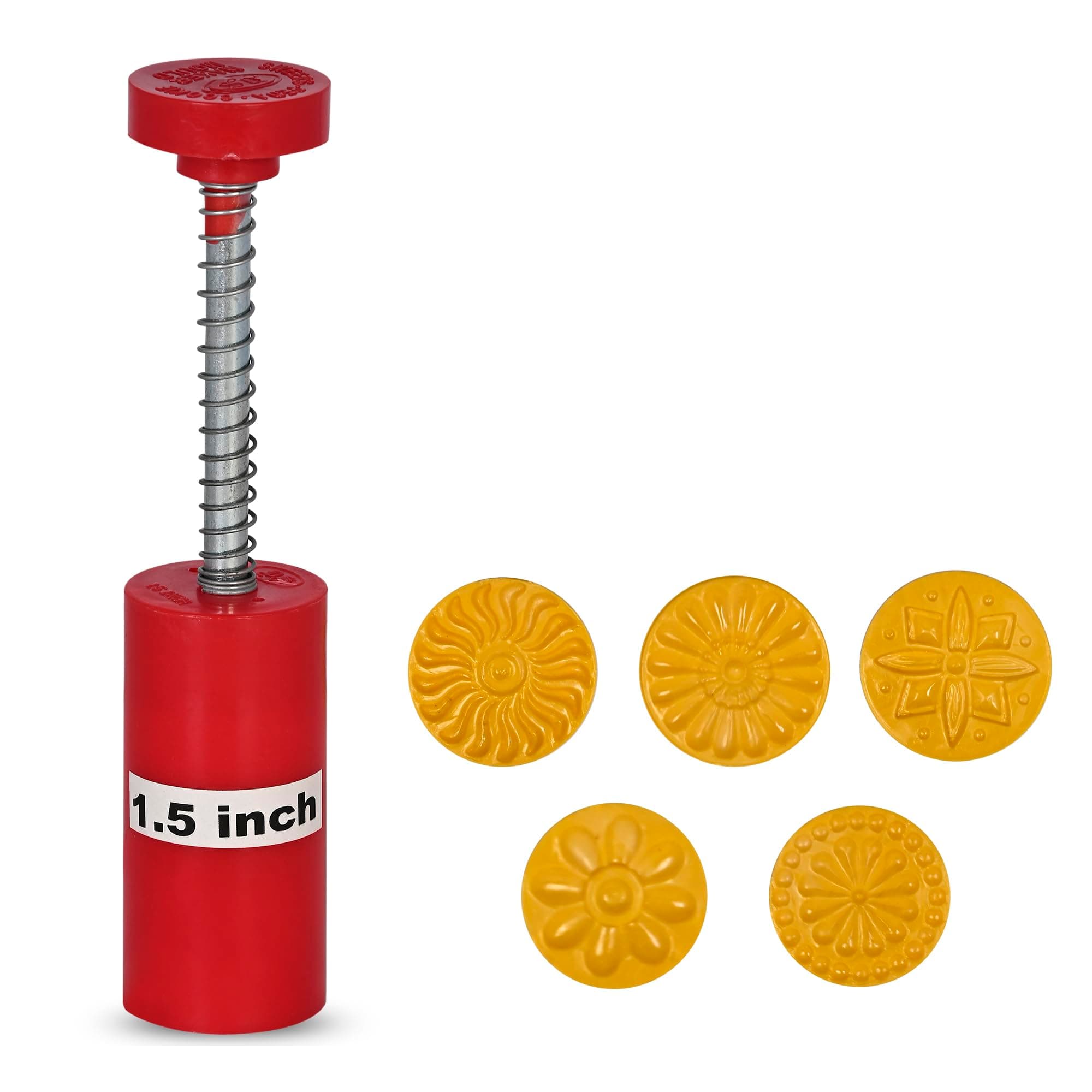 Plastic peda Maker Hand Spring Push and Press Stamp Chaap for Mawa Penda Sweets Stamping Mould Round Design Manual Mava Mold Pack of 1, 6X4X3 Cm, Red