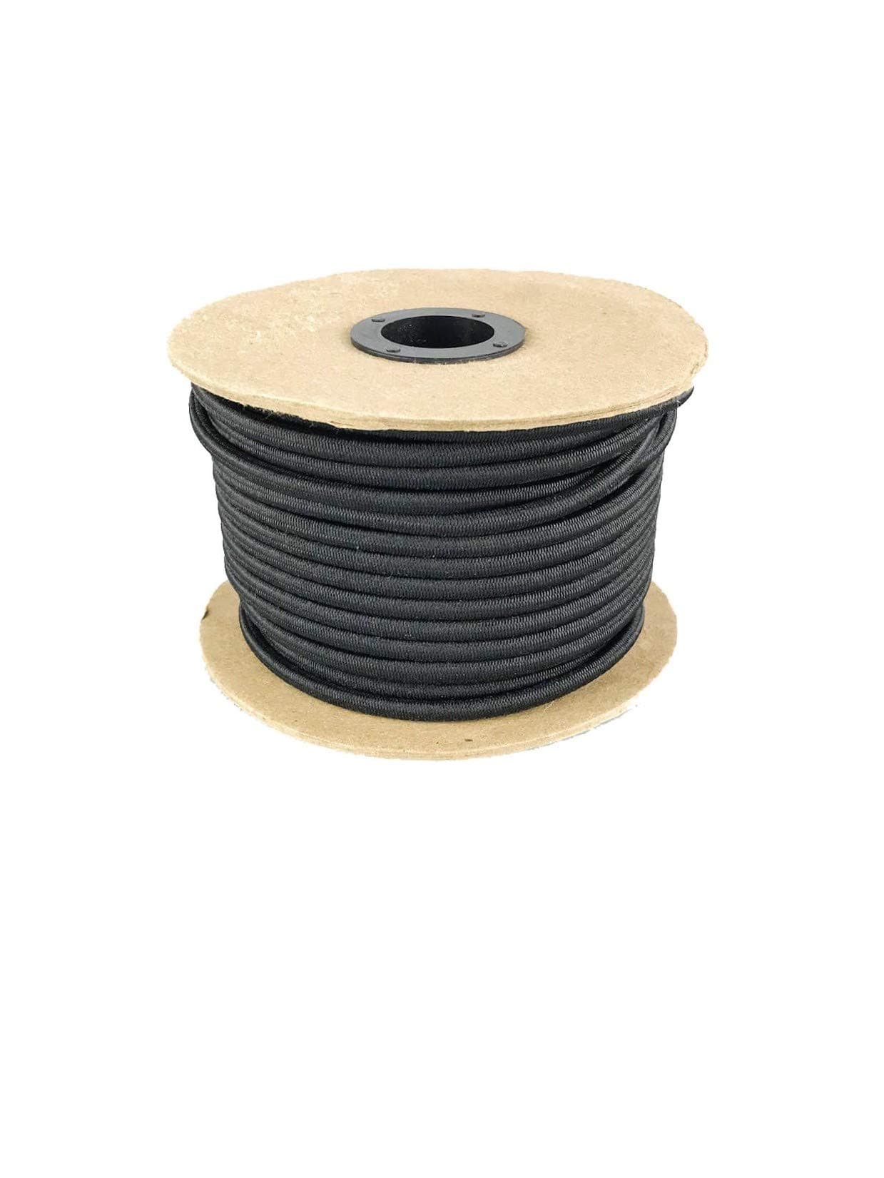 Elastic Bungee Cord. 3/16", 3/8", 1/4", 5/16", 1/8". 50 and 100 Foot Spools. Weather and Abrasion Resistant. Used for Tie Downs, Crafting, DIY Projects. Black Shock Cord. Made in The USA