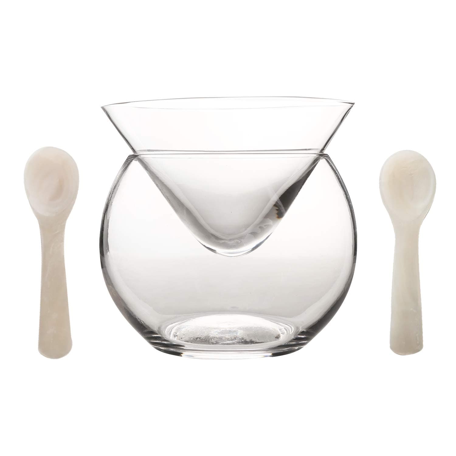 Glass Caviar Chiller Server Set Plus 2 pcs. x Mother of Pearl Caviar Spoon 3.15" – Universal Martini, Wine, Liquor Cocktail Chiller