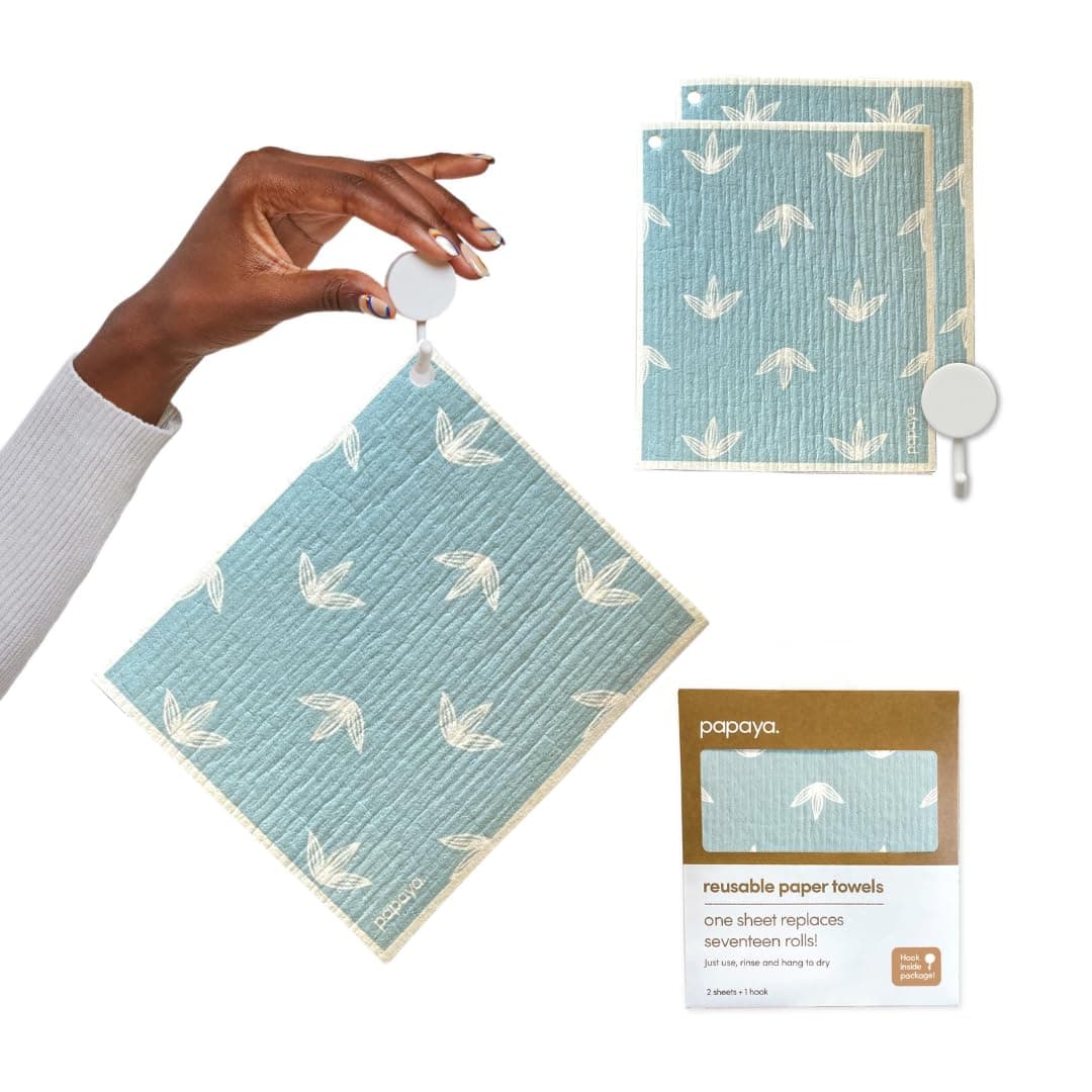 Papaya Reusable Paper Towels, Premium Swedish Dishcloths with Hook, Non-Scratch Reusable Paper Towel, 1 Sheet Replaces 17 Rolls - 2 Sheets, 1 Hook