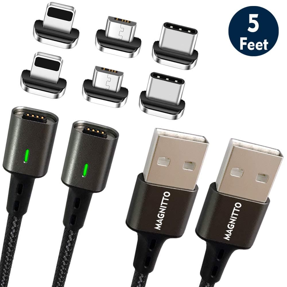 Magnetic Charging Cable MAGNITTO 3 in 1 - USB Type C/Micro USB Extra Long Braided Fast Charger Cord for Samsung S10 S9 S8 S7 S6 Note 10 9 8, Google Pixel 3 2 XL, LG G5 G6 G7 V30 V40 5ft 2 Pack GEN4