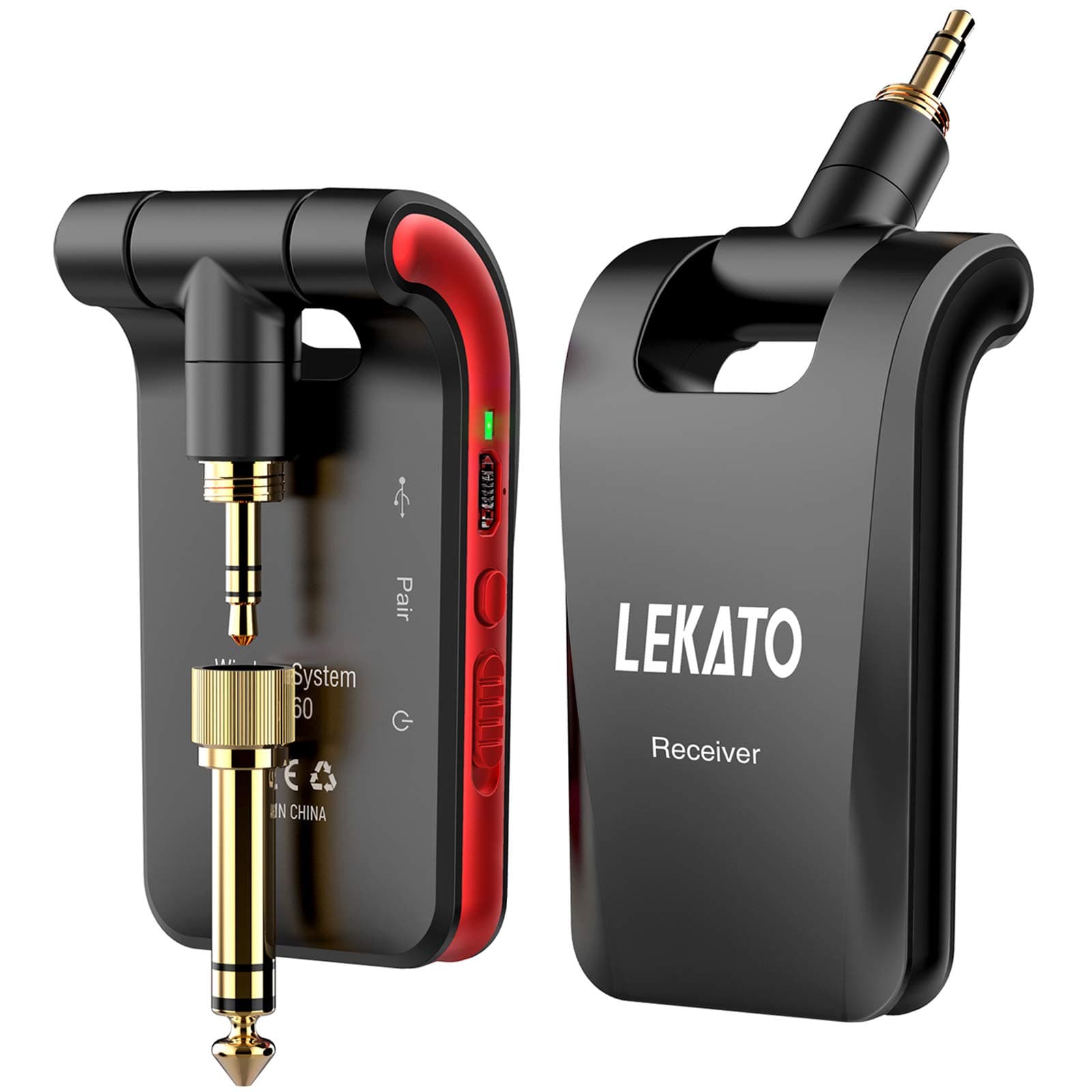 LEKATO Wireless Guitar System 2.4GHz Rechargeable Audio Wireless Transmitter Receiver 6 Channels for Guitar Bass Electric Instruments, Stereo and Mono 1/4” & 1/8” 2 in 1 Plugs,Black(WS-60)