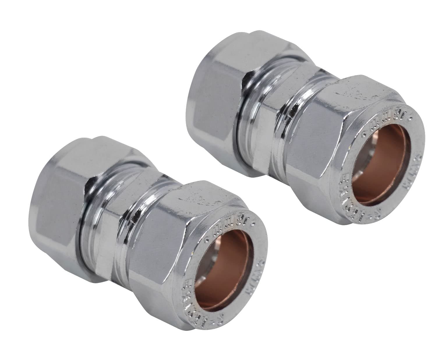 Pipestation 15mm Chrome Plated Compression Straight Pipe Connectors for Copper Pipe - Pack of 2