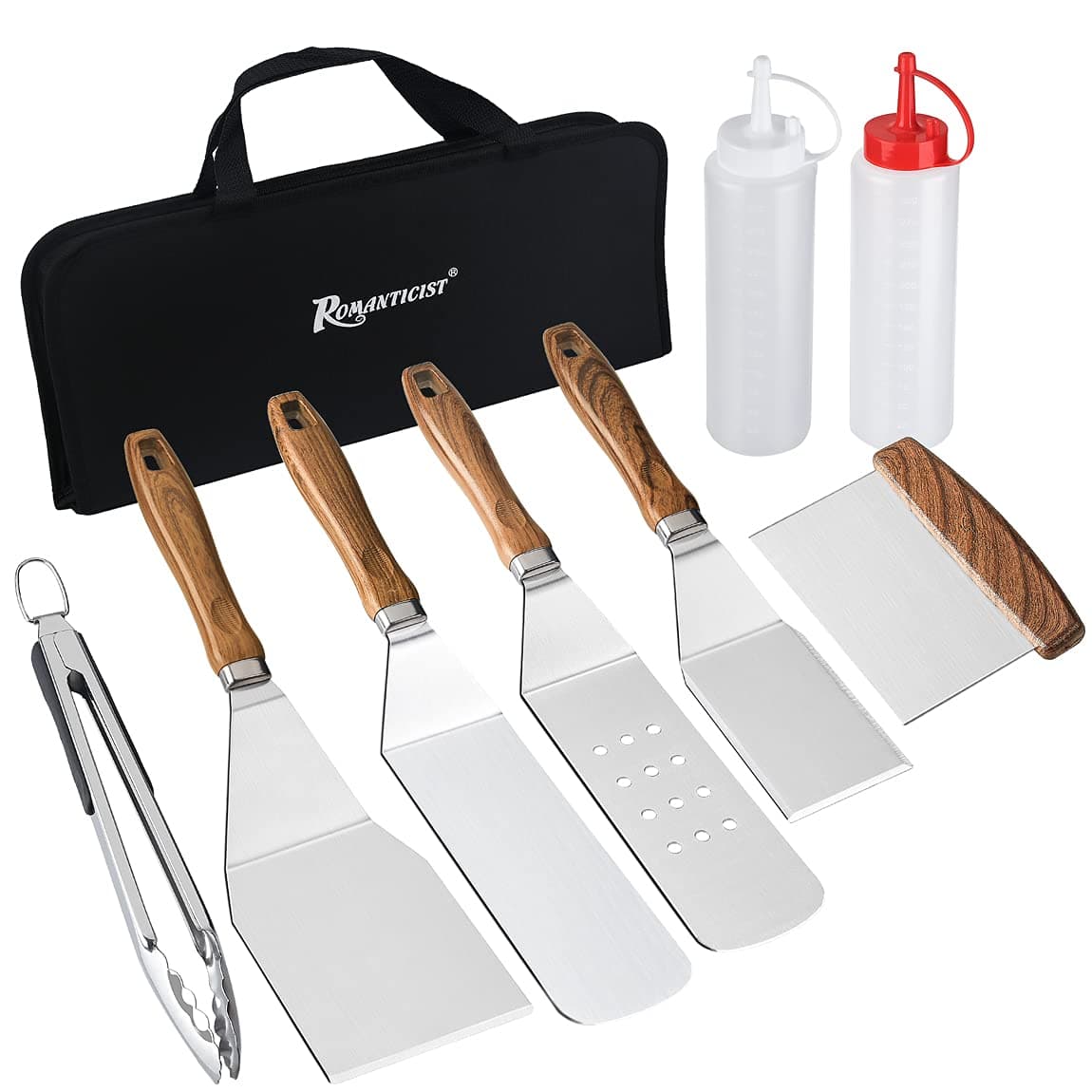 8pc Professional Griddle Accessories with Elongated Handle - Premium Spatula Set for Flat Top Cooking - Complete Spatula Set with Storage Carrying Bag for Men Dad