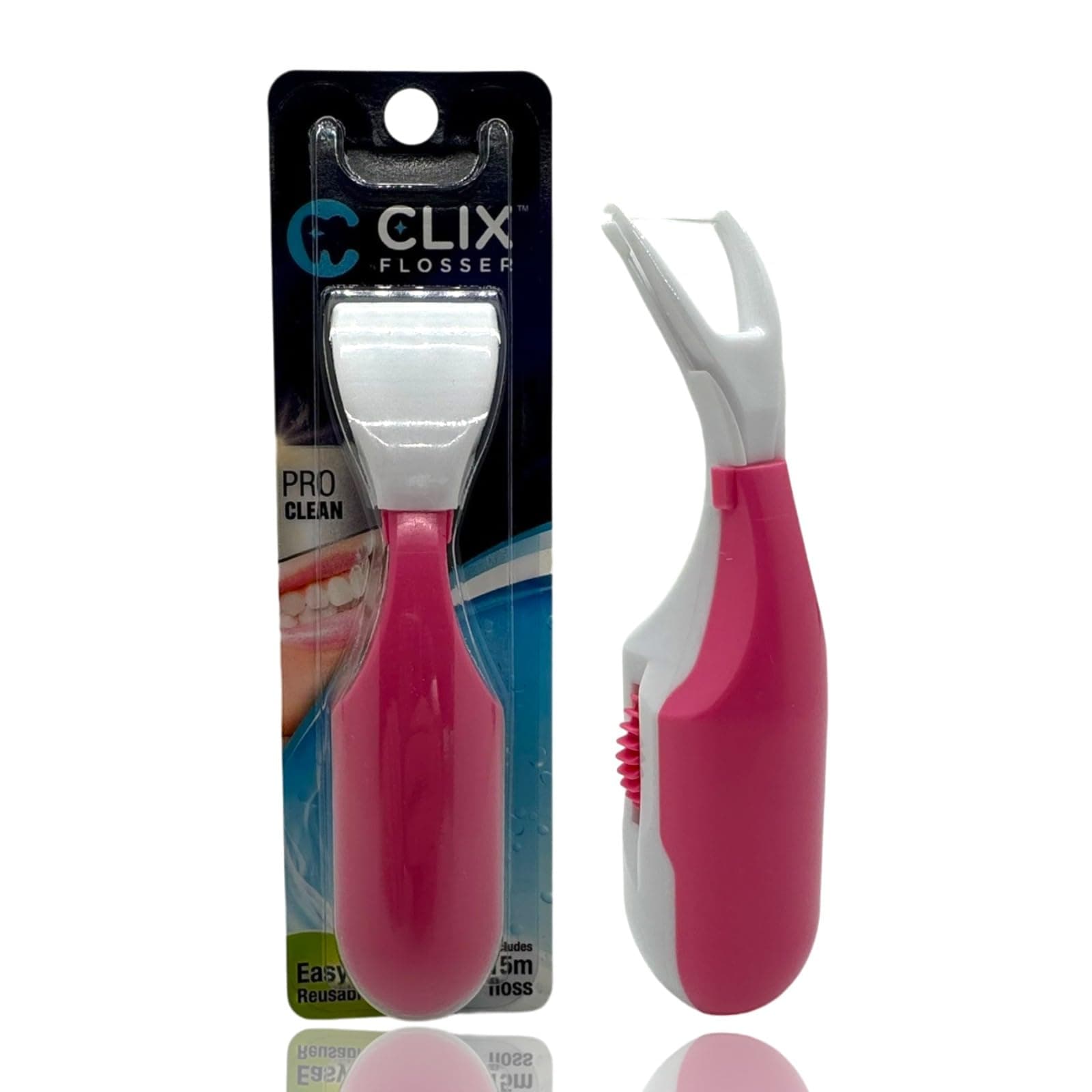 Clix Flosser - Automatic Dental Flosser | Reusable and Refillable | Pre-loaded Floss Inside | Travel Cover | Click-to-Use Solution for Plaque Removal, Clean Teeth and Breath Fresh (Pink)