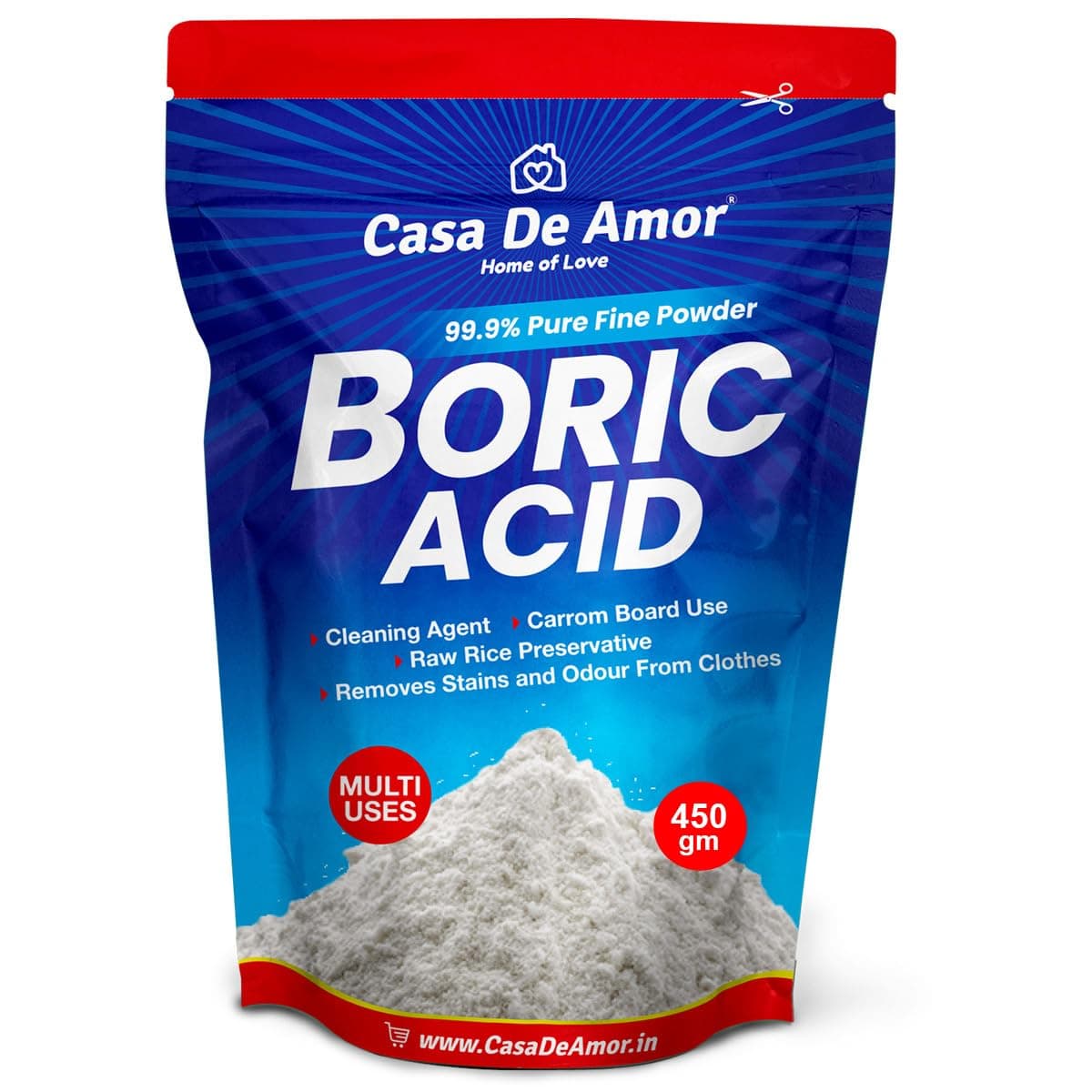 Casa De Amor Multi-Purpose Boric Acid 99.9% Pure Fine Powder- Highly Effective for Carrom Board, Rice Preservative, Multi-Purpose, Anhydrous (450 gms)
