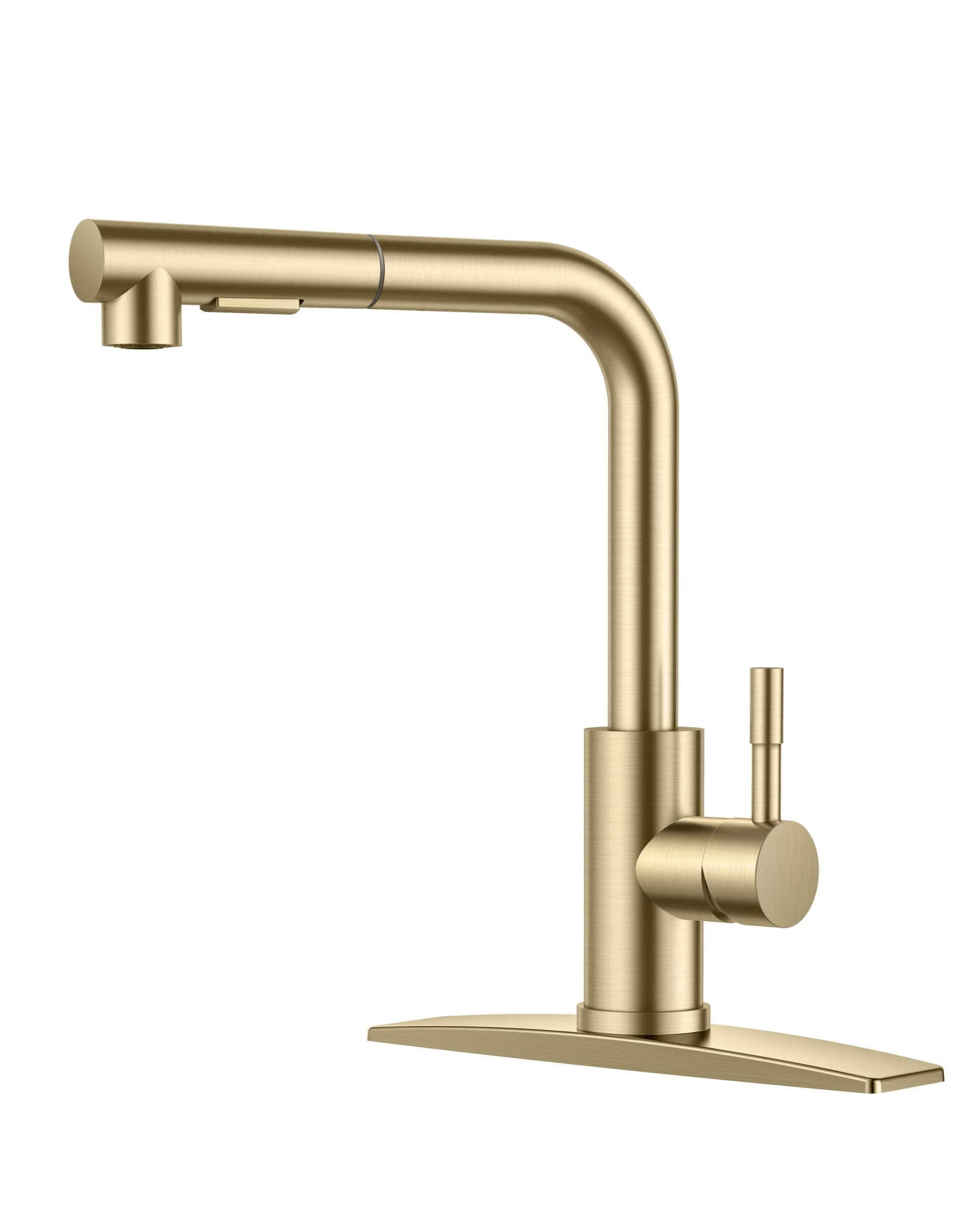 FORIOUS Gold Kitchen Faucet with Pull Down Sprayer, Stainless Steel Single Handle Classic Pull Out Sink Faucet for Farmhouse Laundry RV Bar, with Deck Plate for 1 or 3 Holes