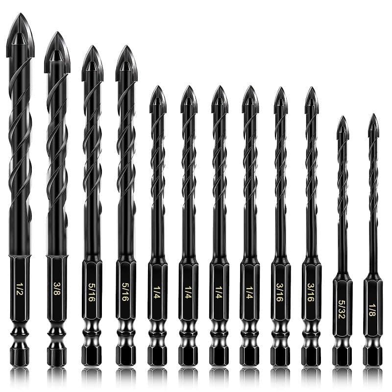Serplex® 12pcs Masonry Drill Bit Set Tungsten Steel Drill Bit with 7 Sizes Drill Bits Cement Drill Bits for Glass, Tile, Brick, Cement, Concrete, Plastic, Wood, 1/8 to 1/2 inch Cross Drill Bit Tip