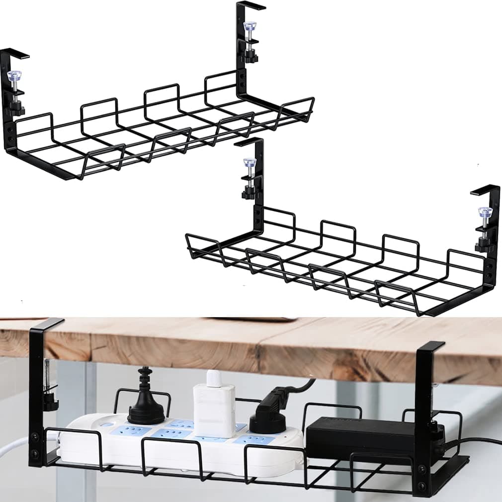 No Drill to Desk Cable Management Tray, Cable Racks Under Desk Cable Organizer for Wire Management, Sturdy Metal Cable Tray Basket for Office and Home Standing Desk-2Pack