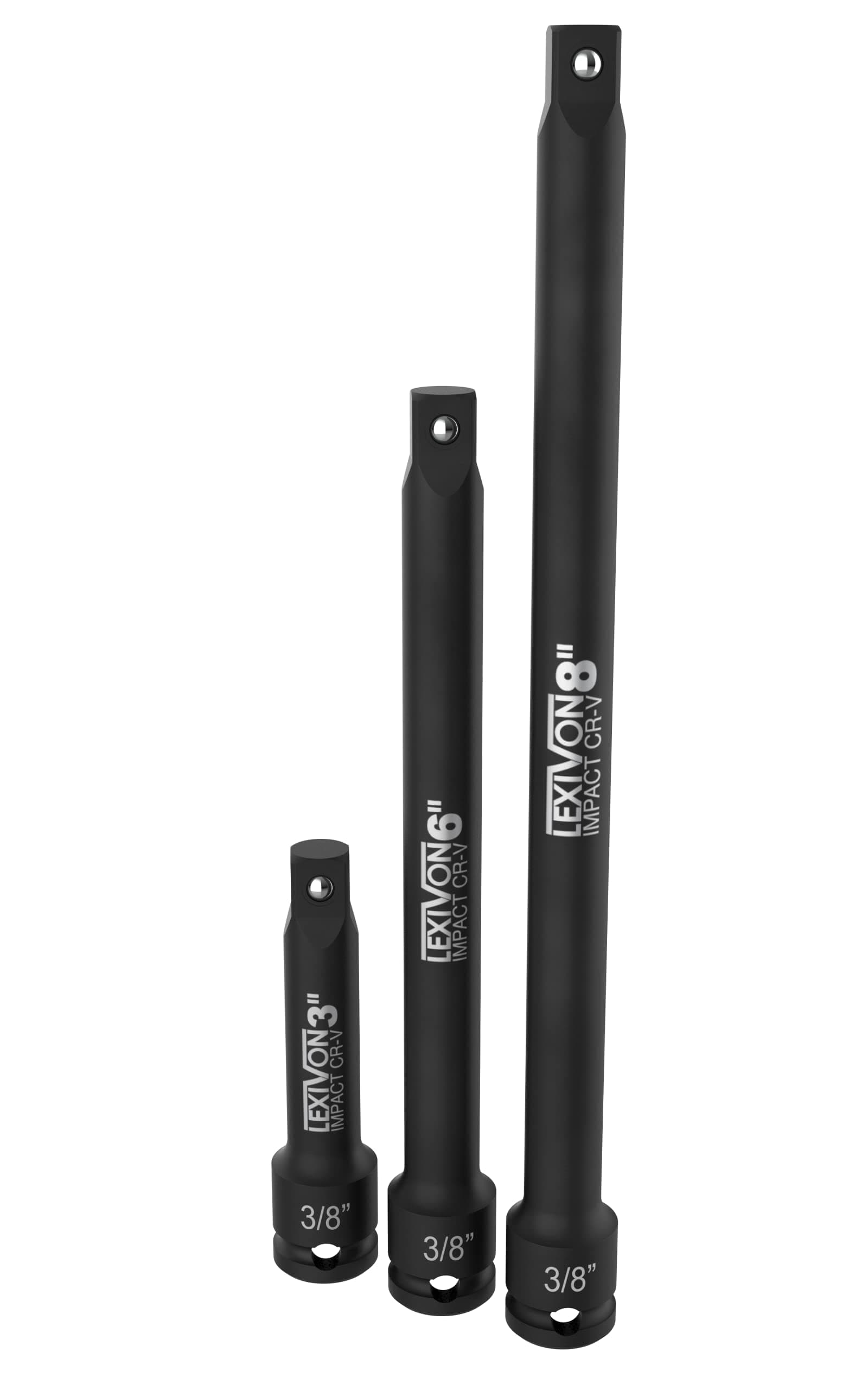 Impact Driver Extension Bar Set, 3/8" Drive | 3-Piece 3" 6" & 8" Long, Organized In A Tray | Hardened and Heat Treated Chrome Vanadium Steel (LX-114)